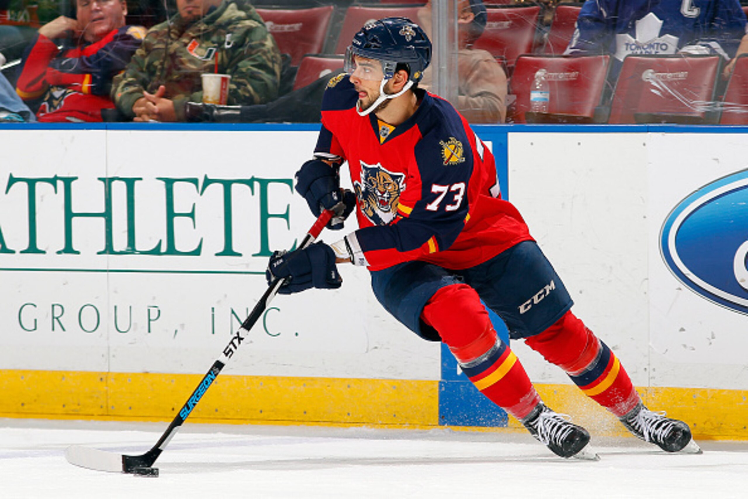 SUNRISE, FL - MARCH 3: Brandon Pirri #73 of the Florida Panthers skates with the puck against the Toronto Maple Leafs at the BB&T Center on March 3, 2015 in Sunrise, Florida. (Photo by Eliot J. Schechter/NHLI via Getty Images)