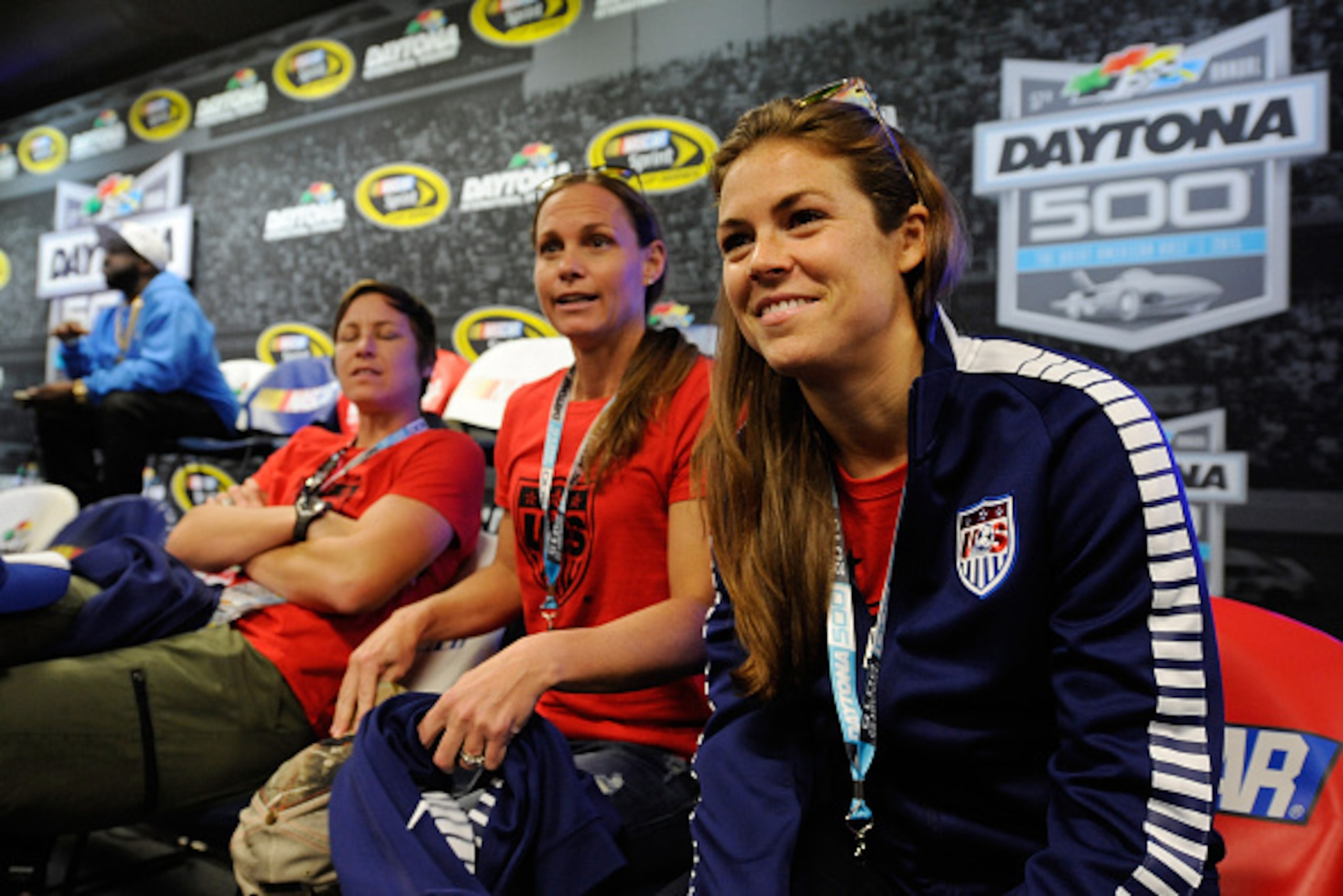 DAYTONA BEACH, FL - FEBRUARY 22:  (L-R) United States womens national soccer team members Abby Wambach, Christie Rampone and Kelley OÂHara attend the driver meeting during the NASCAR Sprint Cup Series 57th Annual Daytona 500 at Daytona International Speed