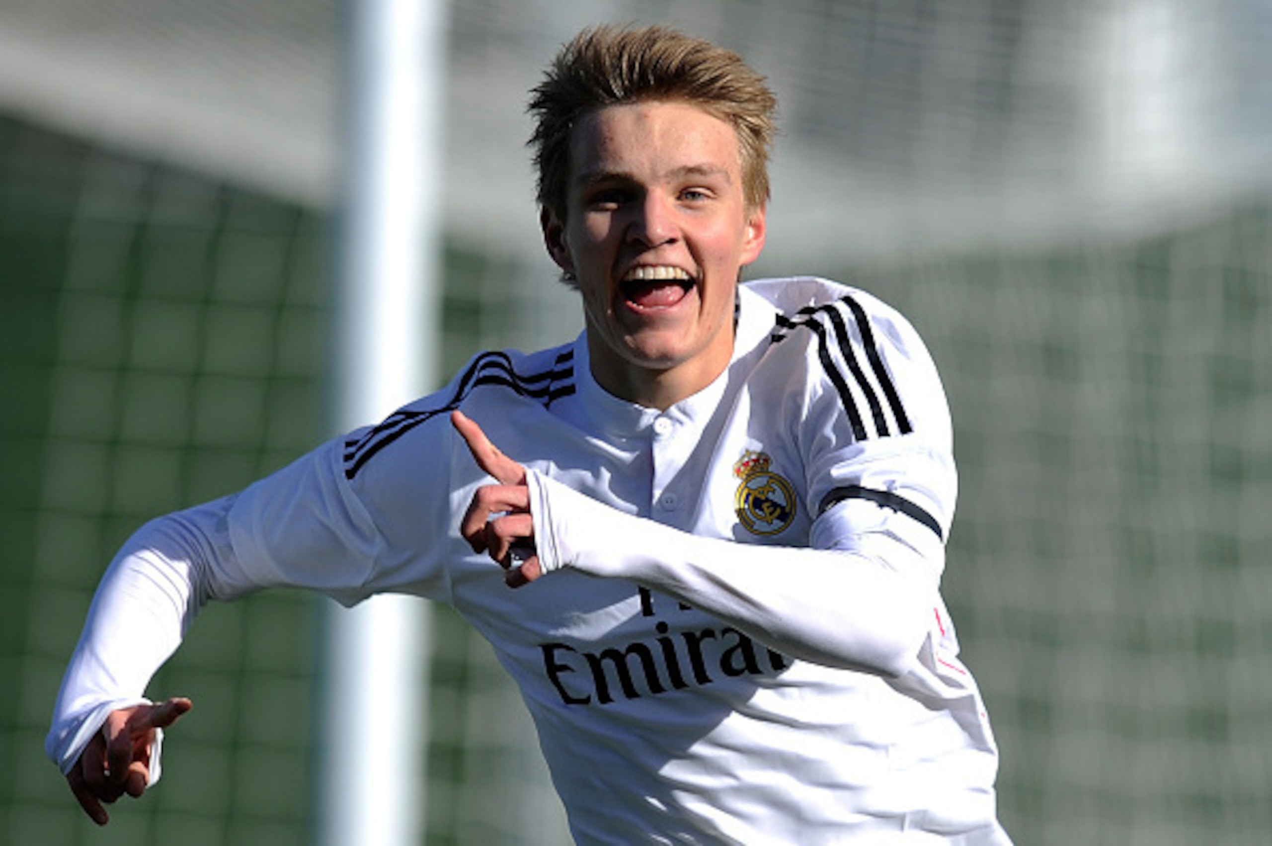 MADRID, SPAIN - FEBRUARY 21:  Martin Odegaard of Real Madrid Castilla celebrates after scoring his team's opening goal during the Segunda Division B match between Real Madrid Castilla v Barakaldo CF at estadio Alfredo Di Stefano on February 21, 2015 in Ma
