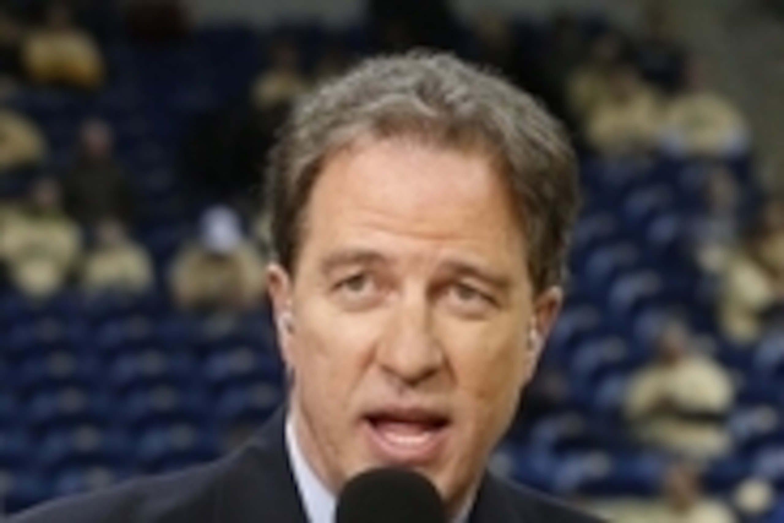 Jan 25, 2015; Pittsburgh, PA, USA; CBS network basketball commentator Kevin Harlan performs the pre-game show before the Pittsburgh Panthers host the Louisville Cardinals at the Petersen Events Center. Louisville won 80-68. Mandatory Credit: Charles LeCla