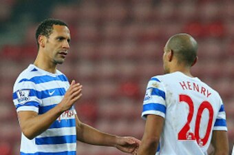 SUNDERLAND, ENGLAND - FEBRUARY 10: Rio Ferdinand celebrates victory with Karl Henry and Michael Doughty of QPR during the Barclays Premier League match between Sunderland and Queens Park Rangers at Stadium of Light on February 10, 2015 in Sunderland, Engl