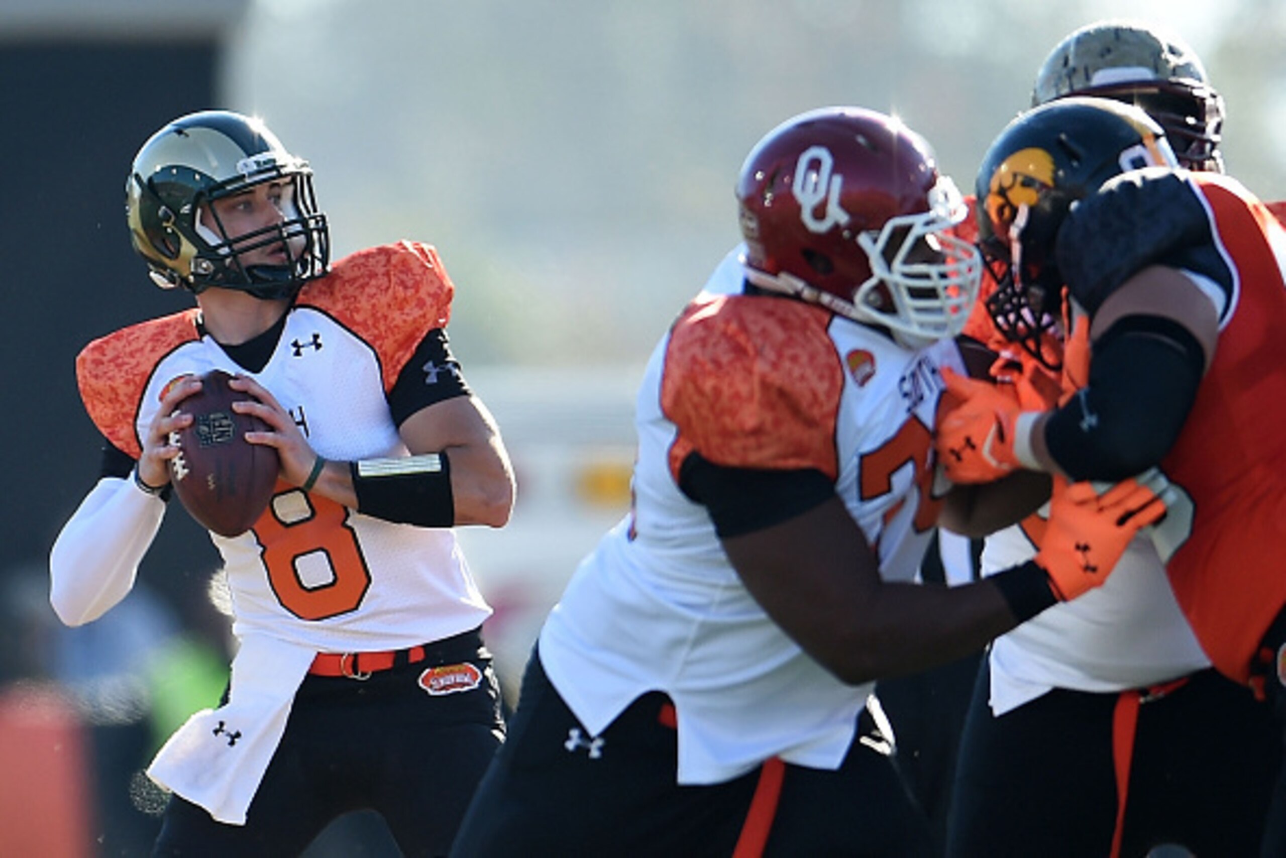 MOBILE, AL - JANUARY 24:  Garrett Grayson #8 of the South team drops back to pass against the North team during the first quarter of the Reese's Senior Bowl at Ladd Peebles stadium on January 24, 2015 in Mobile, Alabama.  (Photo by Stacy Revere/Getty Imag
