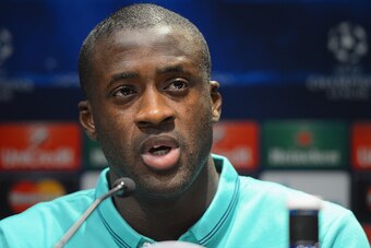 BARCELONA, SPAIN - MARCH 17:  Yaya Toure of Manchester City  speaks to the media during the Manchester City Press Conference at the W Hotel on March 17, 2015 in Barcelona, Spain.  (Photo by Michael Regan/Getty Images)