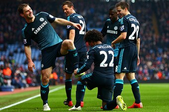 BIRMINGHAM, ENGLAND - FEBRUARY 07: Branislav Ivanovic of Chelsea celebrates with team-mates after scoring his team's second goal during the Barclays Premier League match between Aston Villa and Chelsea at Villa Park on February 7, 2015 in Birmingham, Eng BIRMINGHAM, ENGLAND - FEBRUARY 07: Branislav Ivanovic of Chelsea celebrates with team-mates after scoring his team's second goal during the Barclays Premier League match between Aston Villa and Chelsea at Villa Park on February 7, 2015 in Birmingham, Eng