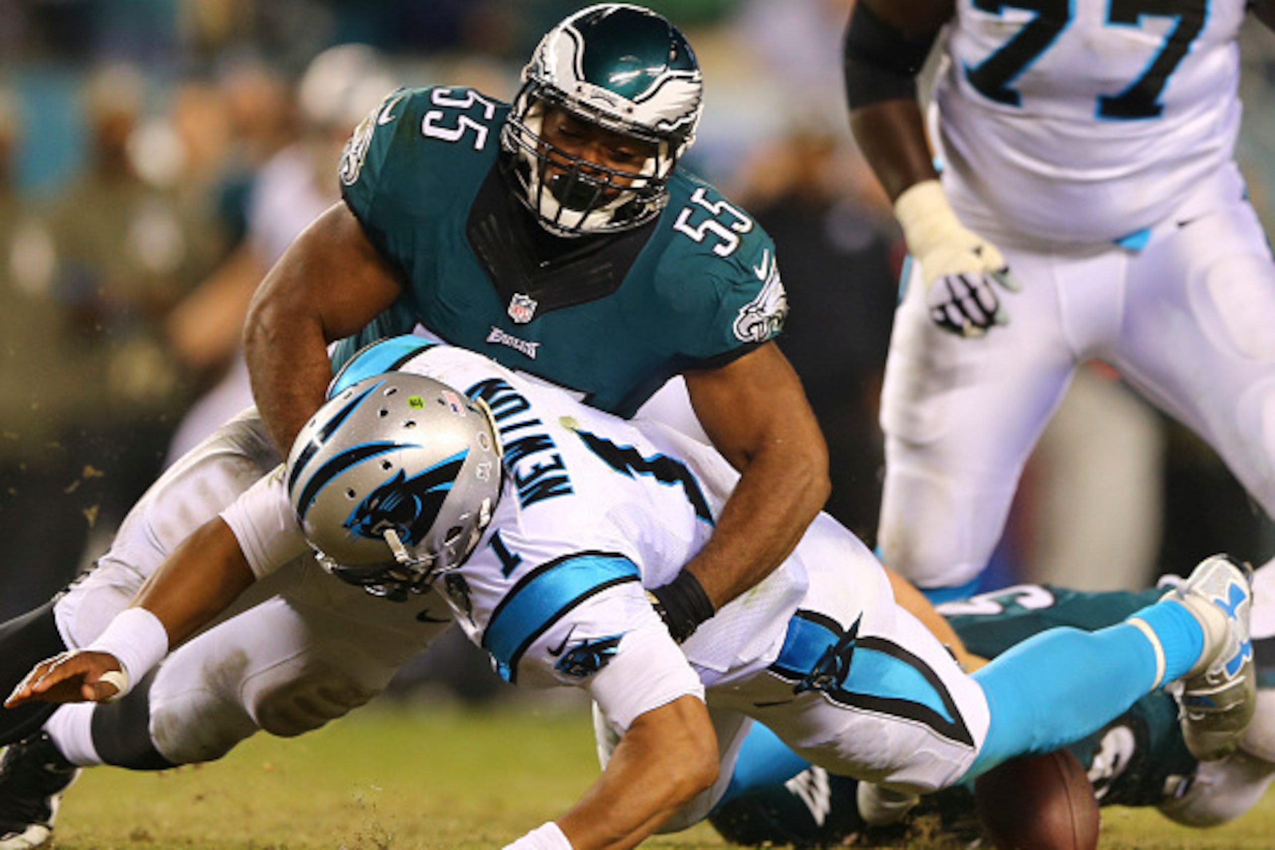 PHILADELPHIA, PA - NOVEMBER 10: Brandon Graham #55 of the Philadelphia Eagles sacks and forces a fumble on Cam Newton #1 of the Carolina Panthers on November 10, 2014 at Lincoln Financial Field in Philadelphia, Pennsylvania. (Photo by Elsa/Getty Images)