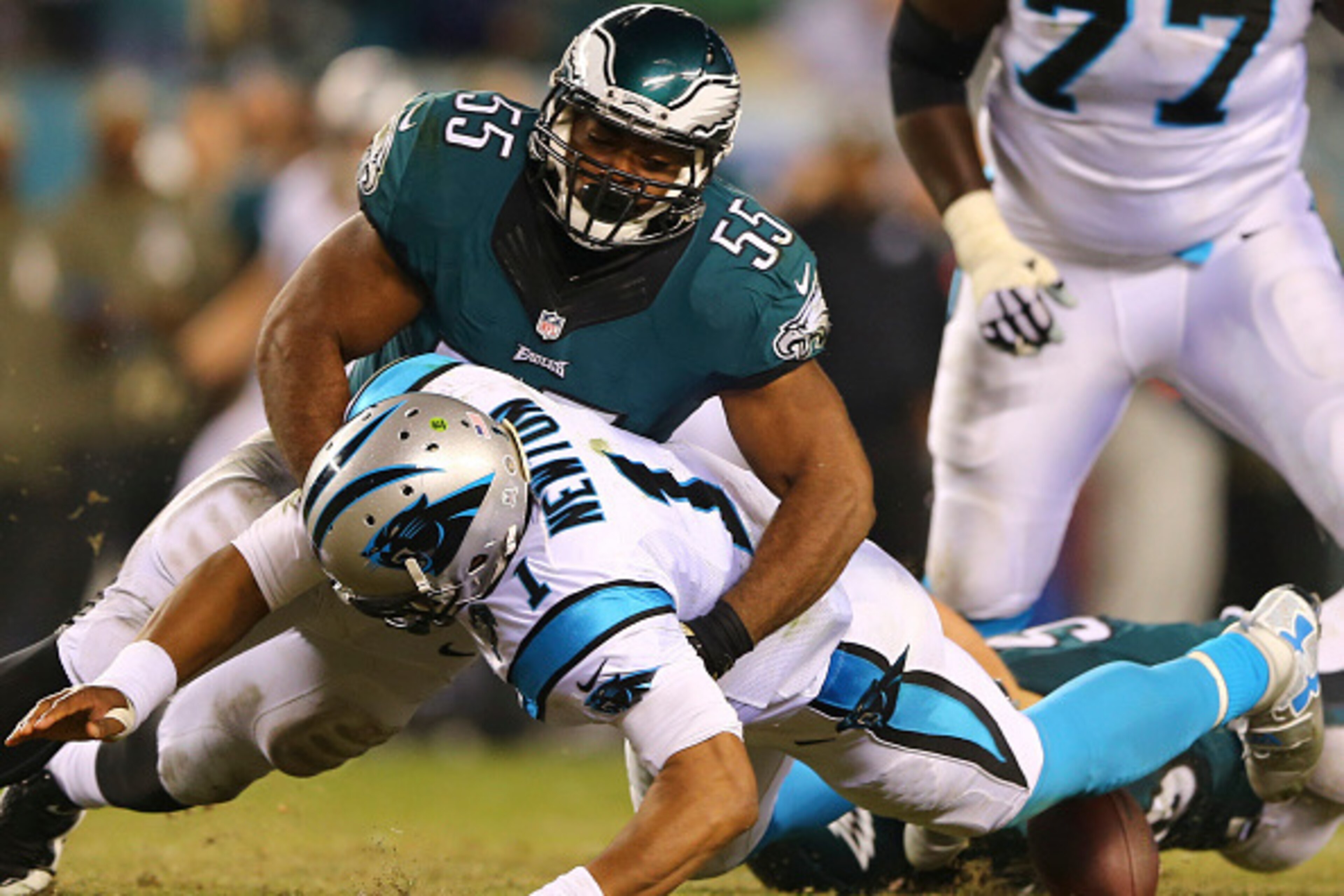 PHILADELPHIA, PA - NOVEMBER 10: Brandon Graham #55 of the Philadelphia Eagles sacks and forces a fumble on Cam Newton #1 of the Carolina Panthers on November 10, 2014 at Lincoln Financial Field in Philadelphia, Pennsylvania. (Photo by Elsa/Getty Images)