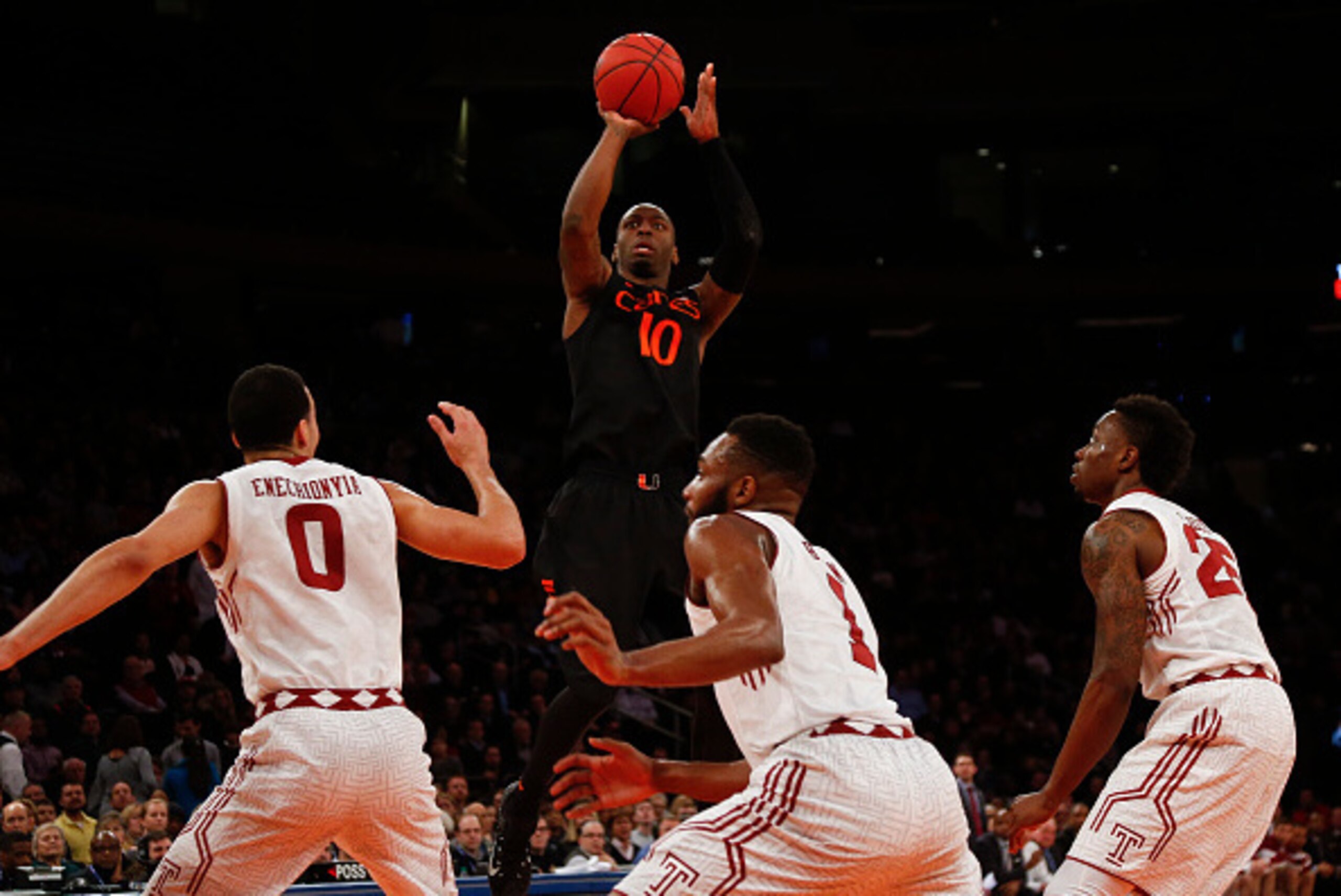 NEW YORK, NY - MARCH 31: Sheldon McClellan #10 of the Miami (Fl) Hurricanes shoots over the Temple Owls defense during the NIT Championship semifinals at Madison Square Garden on March 31, 2015 in New York City. (Photo by Jeff Zelevansky/Getty Images) NEW YORK, NY - MARCH 31: Sheldon McClellan #10 of the Miami (Fl) Hurricanes shoots over the Temple Owls defense during the NIT Championship semifinals at Madison Square Garden on March 31, 2015 in New York City. (Photo by Jeff Zelevansky/Getty Images)