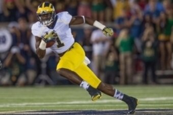 Sep 6, 2014; South Bend, IN, USA; Michigan Wolverines wide receiver Devin Funchess (1) runs the ball in the first quarter against the Notre Dame Fighting Irish at Notre Dame Stadium. Notre Dame won 31-0. Mandatory Credit: Matt Cashore-USA TODAY Sports