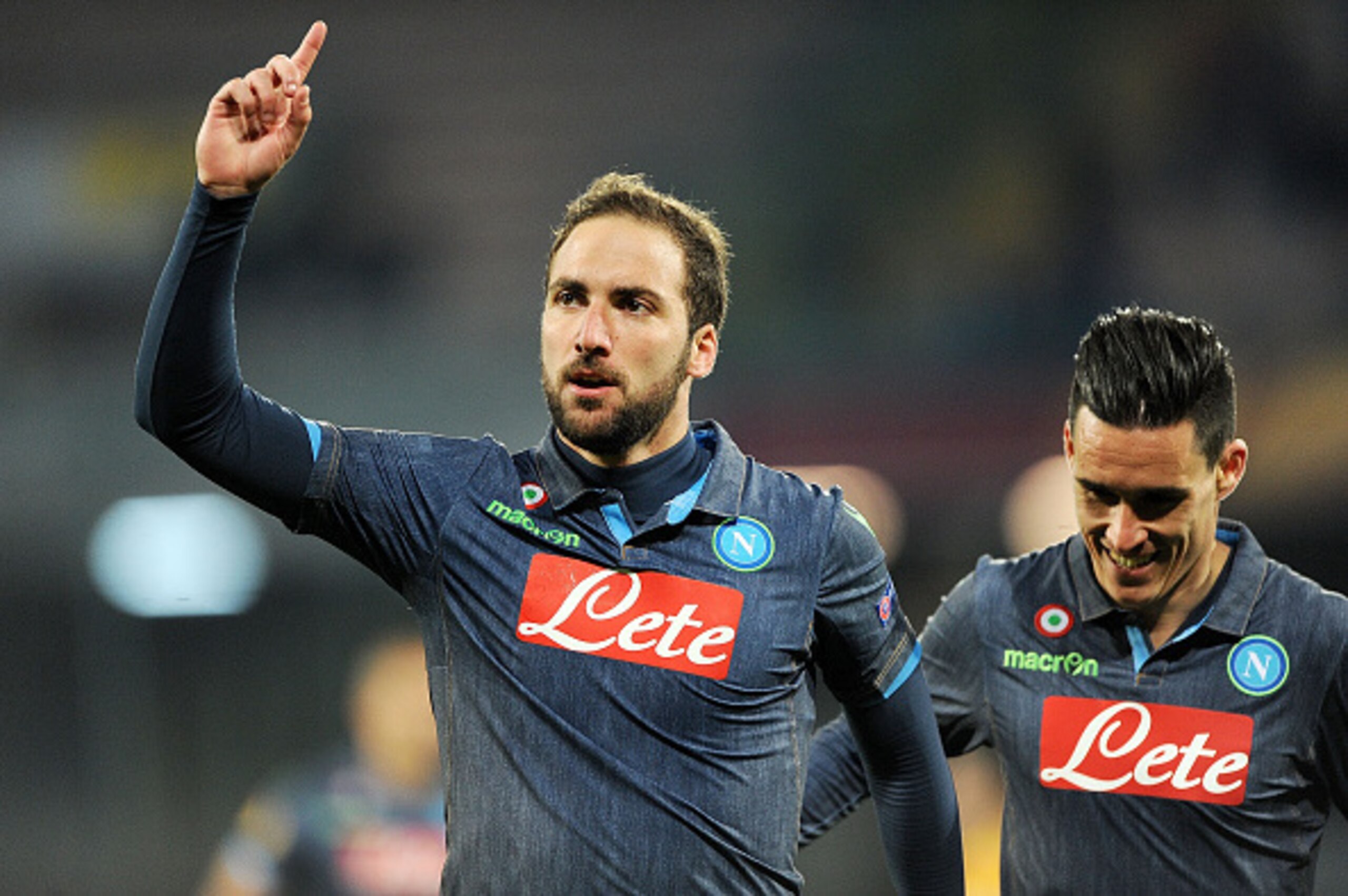 NAPLES, ITALY - MARCH 12 : Gonzalo Higuain of Napoli celebrates after scoring goal 3-1 during the UEFA Europa League Round of 16 football match  between SSC Napoli and FC Dinamo Moskva at the San Paolo Stadium on March 12, 2015 in Naples, Italy. (Photo by