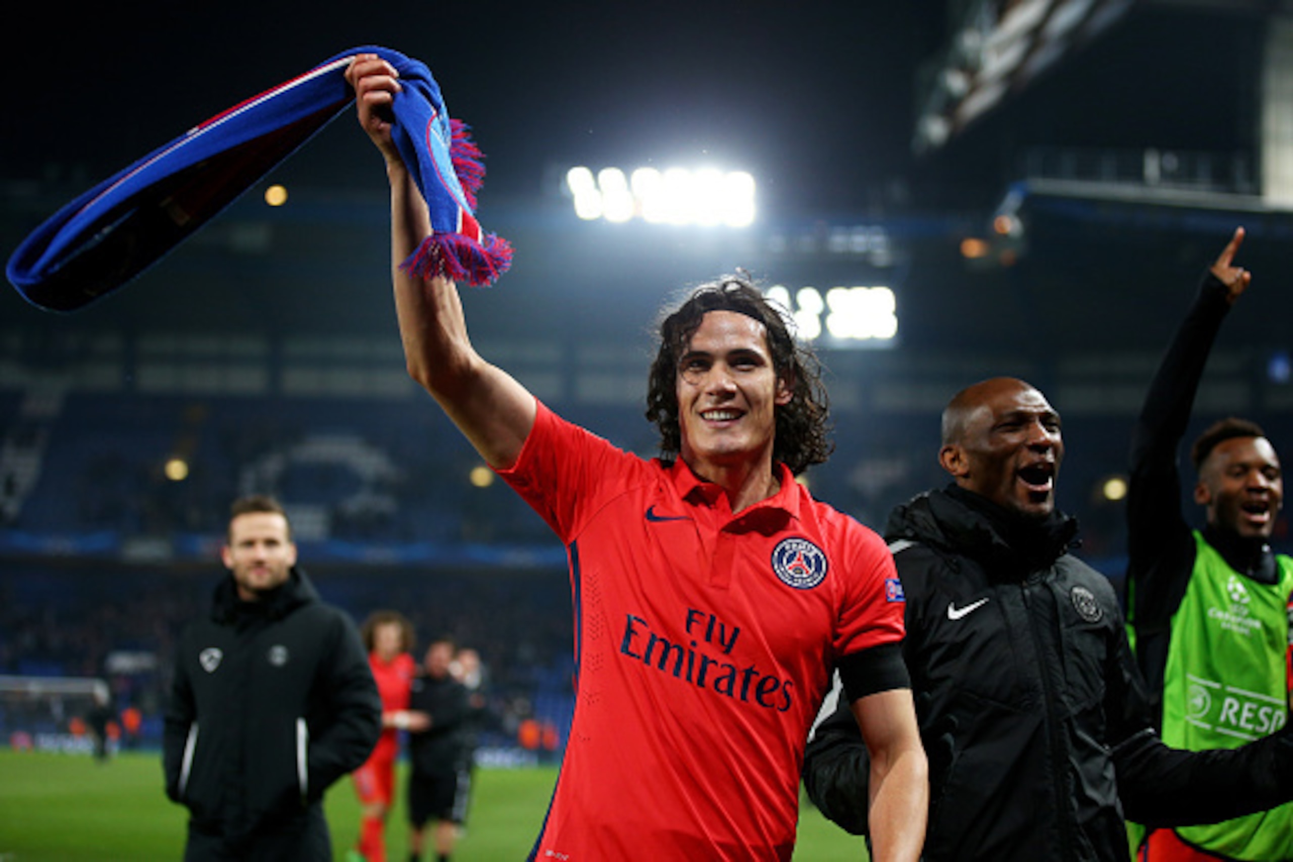 LONDON, ENGLAND - MARCH 11: Edinson Cavani of PSG celebrates following his team's victory in extra time during the UEFA Champions League Round of 16, second leg match between Chelsea and Paris Saint-Germain at Stamford Bridge on March 11, 2015 in London, 