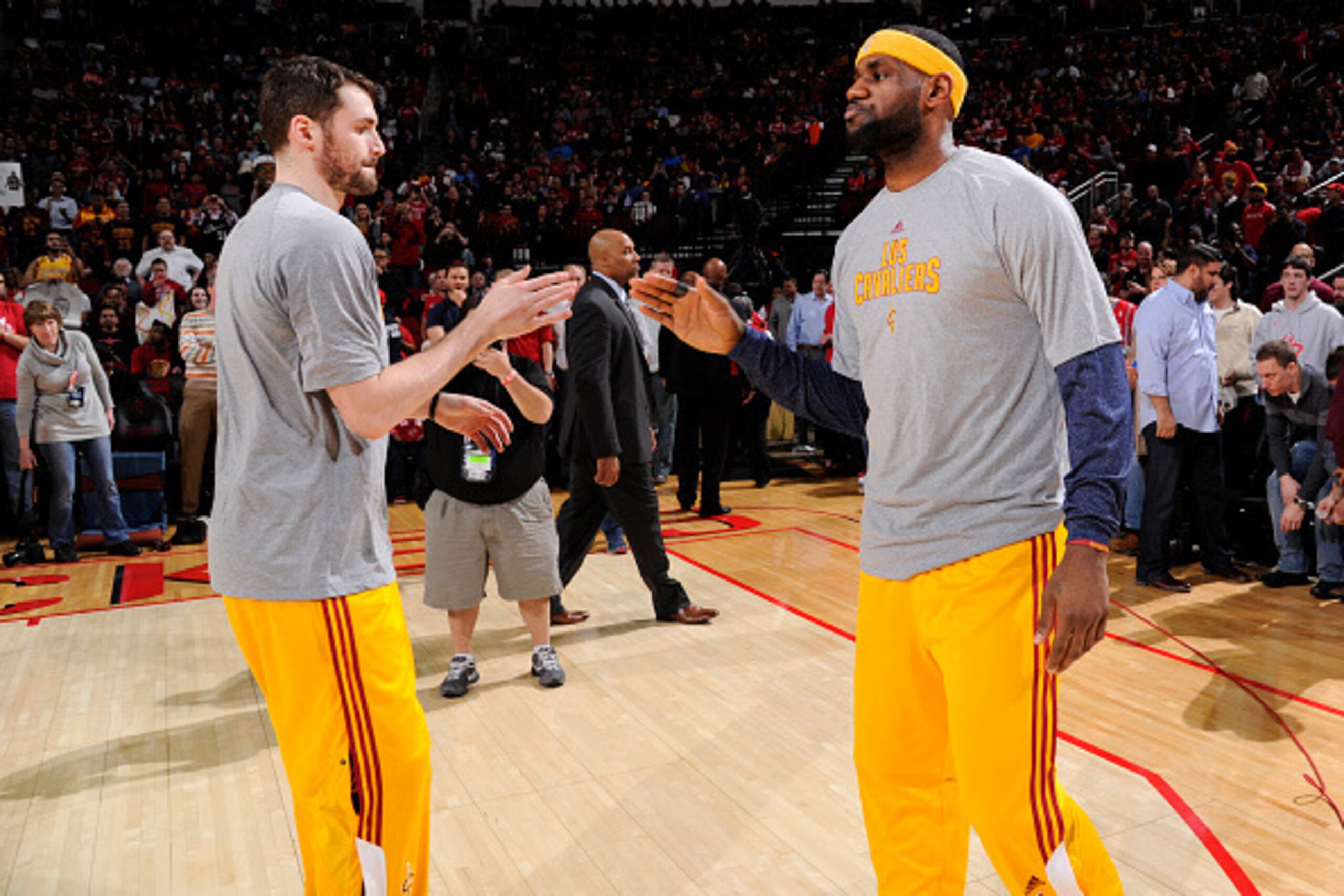 HOUSTON, TX - MARCH 1: Kevin Love #0 and LeBron James #23 of the Cleveland Cavaliers before against the Houston Rockets the game on March 1, 2015 at the Toyota Center in Houston, Texas. NOTE TO USER: User expressly acknowledges and agrees that, by downloa