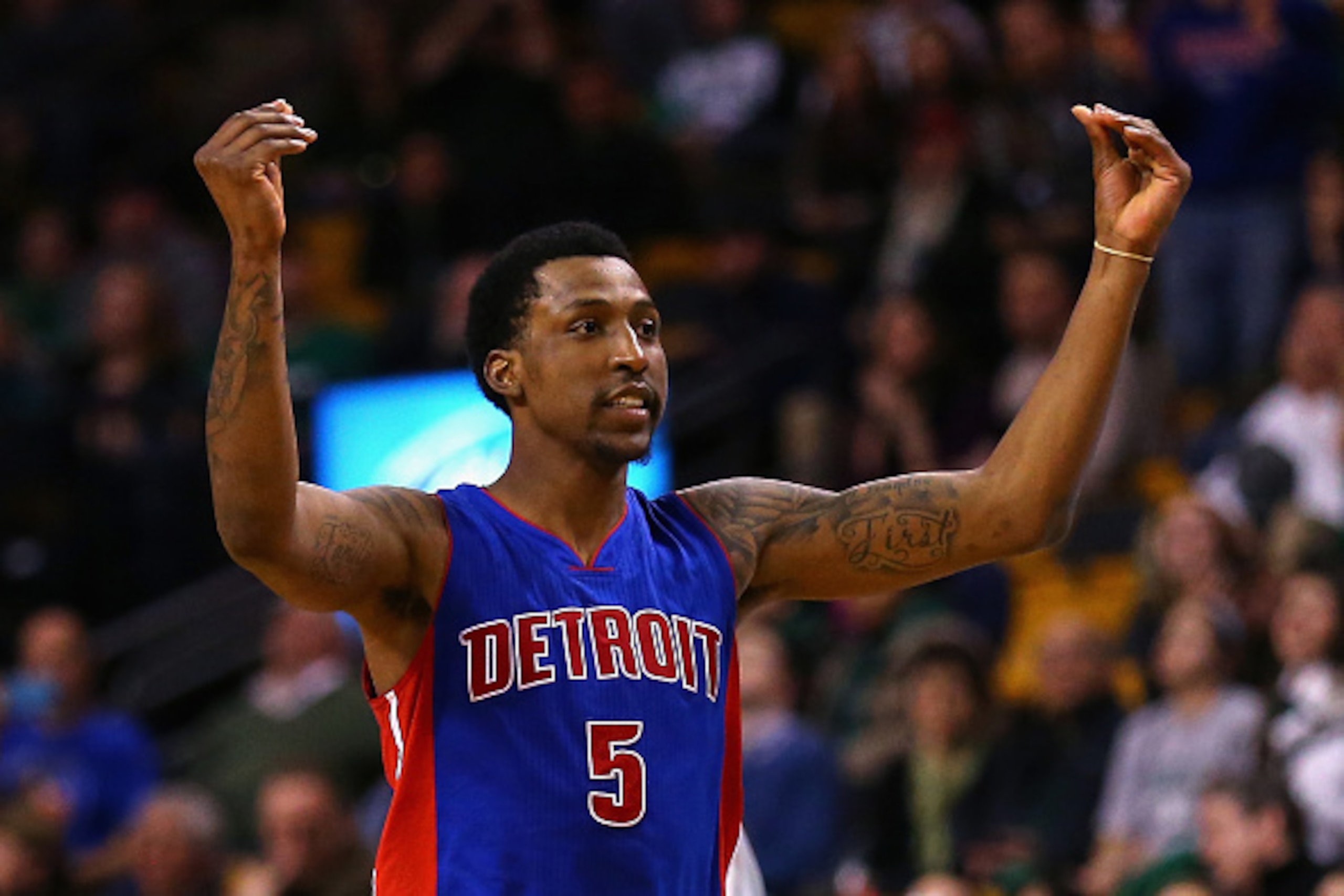 BOSTON, MA - MARCH 22: Kentavious Caldwell-Pope #5 of the Detroit Pistons reacts after scoring a three point basket during overtime against the Boston Celtics at TD Garden on March 22, 2015 in Boston, Massachusetts. NOTE TO USER: User expressly acknowled BOSTON, MA - MARCH 22: Kentavious Caldwell-Pope #5 of the Detroit Pistons reacts after scoring a three point basket during overtime against the Boston Celtics at TD Garden on March 22, 2015 in Boston, Massachusetts. NOTE TO USER: User expressly acknowled