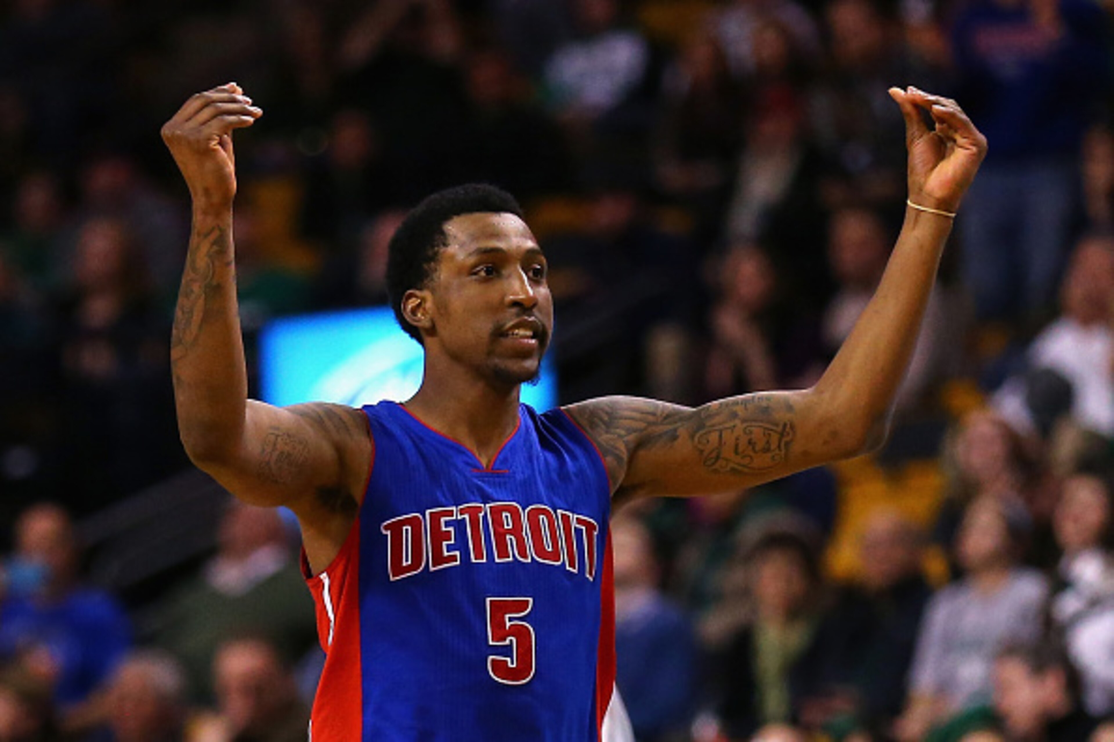 BOSTON, MA - MARCH 22: Kentavious Caldwell-Pope #5 of the Detroit Pistons reacts after scoring a three point basket during overtime against the Boston Celtics at TD Garden on March 22, 2015 in Boston, Massachusetts. NOTE TO USER: User expressly acknowled BOSTON, MA - MARCH 22: Kentavious Caldwell-Pope #5 of the Detroit Pistons reacts after scoring a three point basket during overtime against the Boston Celtics at TD Garden on March 22, 2015 in Boston, Massachusetts. NOTE TO USER: User expressly acknowled