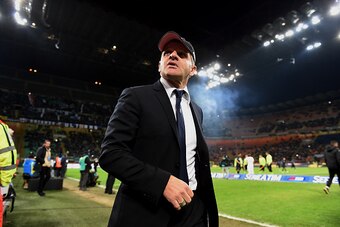 MILAN, ITALY - FEBRUARY 08:  Headf coach Giuseppe Iachini of Palermo looks on during the Serie A match between FC Internazionale Milano and US Citta di Palermo at Stadio Giuseppe Meazza on February 8, 2015 in Milan, Italy.  (Photo by Tullio M. Puglia/Gett