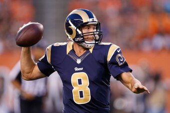 CLEVELAND, OH - AUGUST 23:  Sam Bradford #8 of the St. Louis Rams drops back to pass during the first quarter against the Cleveland Browns at FirstEnergy Stadium on August 23, 2014 in Cleveland, Ohio.  (Photo by Joe Robbins/Getty Images)