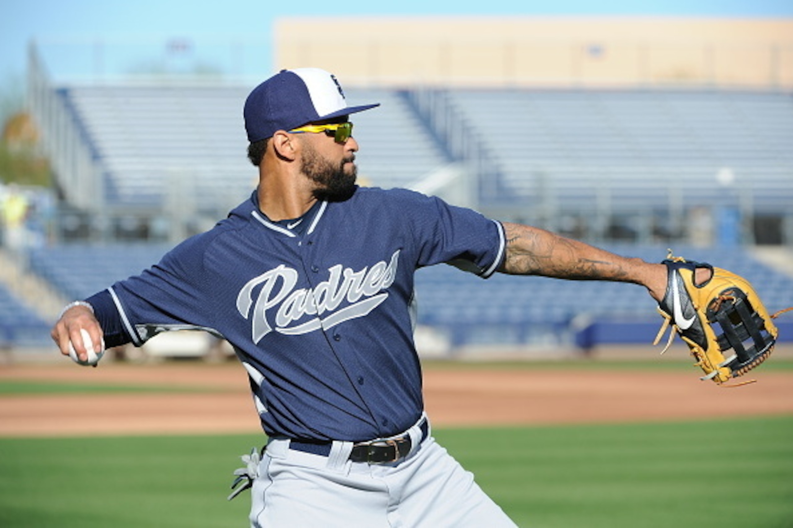PEORIA, AZ - MARCH 4:  Matt Kemp #27 of the San Diego Padres is seen prior to the game against the Seattle Mariners on March 4, 2015 at Peoria Stadium in Peoria, Arizona.  The Mariners defeated the Padres 4-3 in 10 innings. (Photo by Rich Pilling/Getty Im