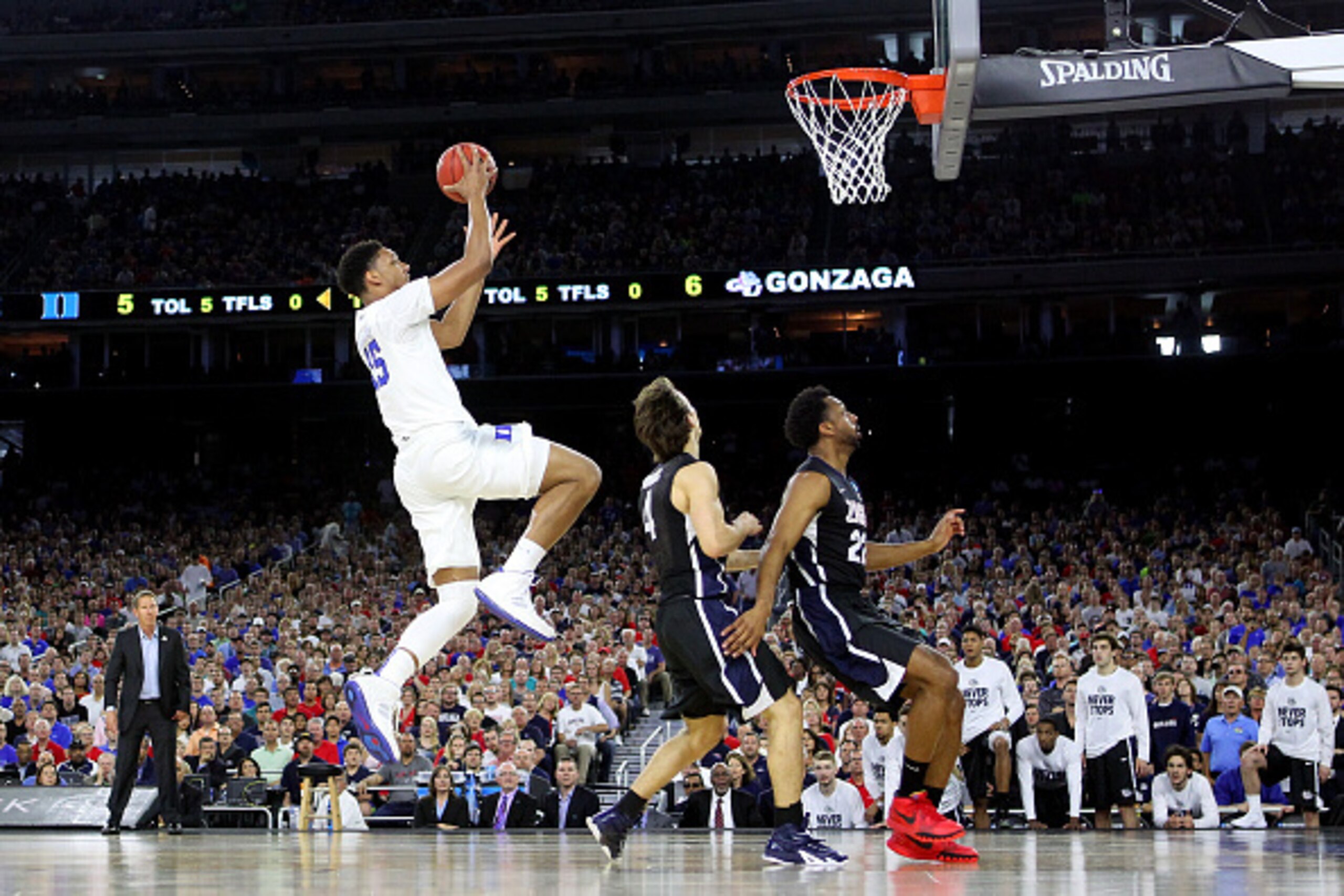 HOUSTON, TX - MARCH 29: Jahlil Okafor #15 of the Duke Blue Devils goes for a layup against the Gonzaga Bulldogs during the South Regional Final of the 2015 NCAA Men's Basketball Tournament at NRG Stadium on March 29, 2015 in Houston, Texas.  (Photo by Ron