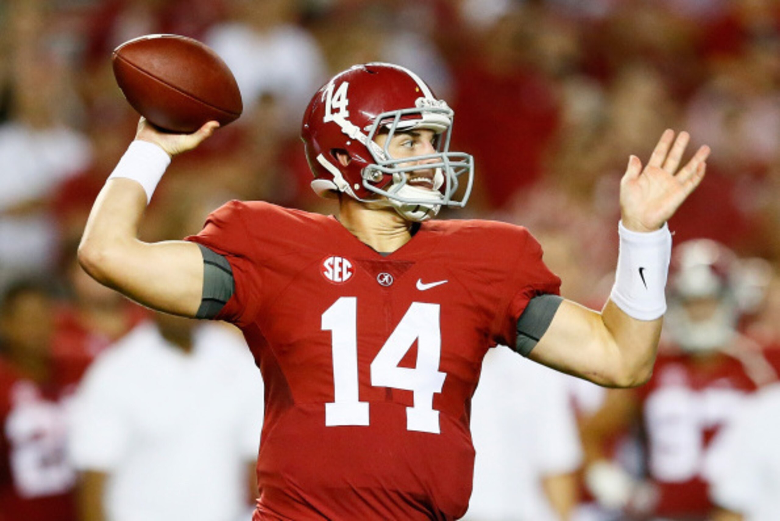 TUSCALOOSA, AL - SEPTEMBER 13:  Jake Coker #14 of the Alabama Crimson Tide looks to pass against the Southern Miss Golden Eagles at Bryant-Denny Stadium on September 13, 2014 in Tuscaloosa, Alabama.  (Photo by Kevin C. Cox/Getty Images)