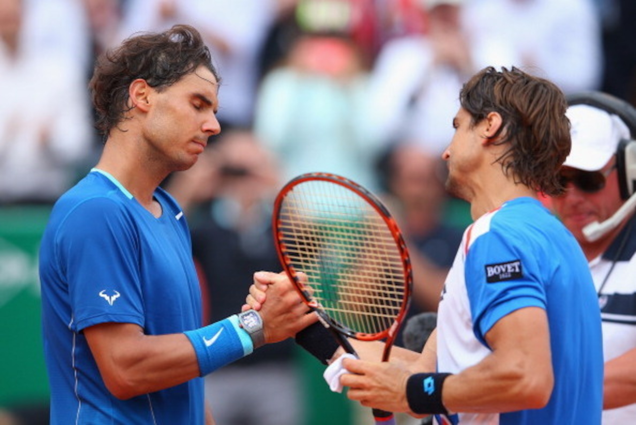 MONTE-CARLO, MONACO - APRIL 18:  David Ferrer of Spain is congratulated by Rafael Nadal of Spain after Ferrer won in staight sets during day six of the ATP Monte Carlo Rolex Masters Tennis at Monte-Carlo Sporting Club on April 18, 2014 in Monte-Carlo, Mon