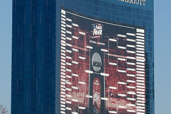 INDIANAPOLIS, IN - APRIL 01:  A 165-foot tall NCAA Men's Basketball Tournament bracket is seen on the JW Marriott Indianapolis leading up to the 2015 Final Four at Lucas Oil Stadium on April 1, 2015 in Indianapolis, Indiana. The bracket is 44,000 square-f