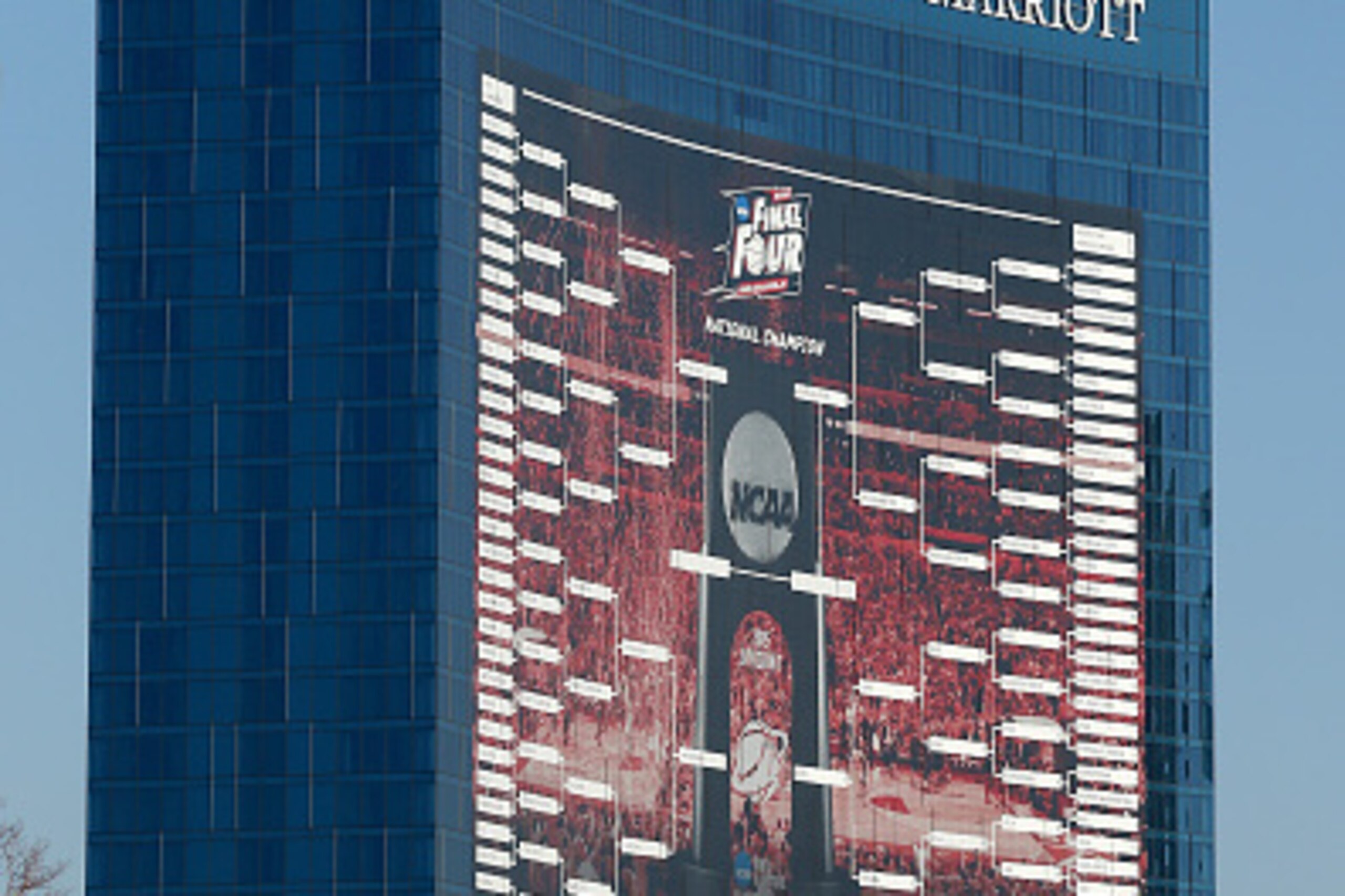 INDIANAPOLIS, IN - APRIL 01:  A 165-foot tall NCAA Men's Basketball Tournament bracket is seen on the JW Marriott Indianapolis leading up to the 2015 Final Four at Lucas Oil Stadium on April 1, 2015 in Indianapolis, Indiana. The bracket is 44,000 square-f