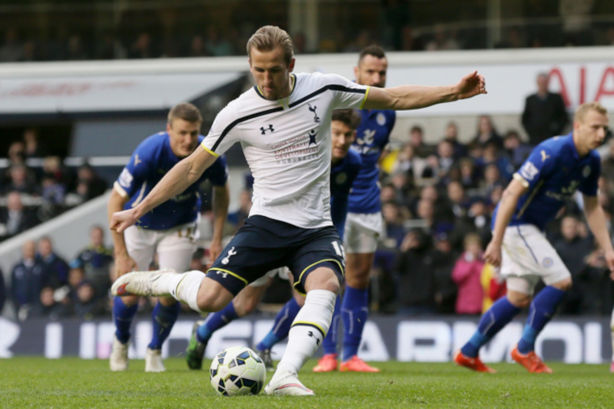 Kane completed his hat-trick against Leicester by firing a penalty past Kasper Schmeichel.