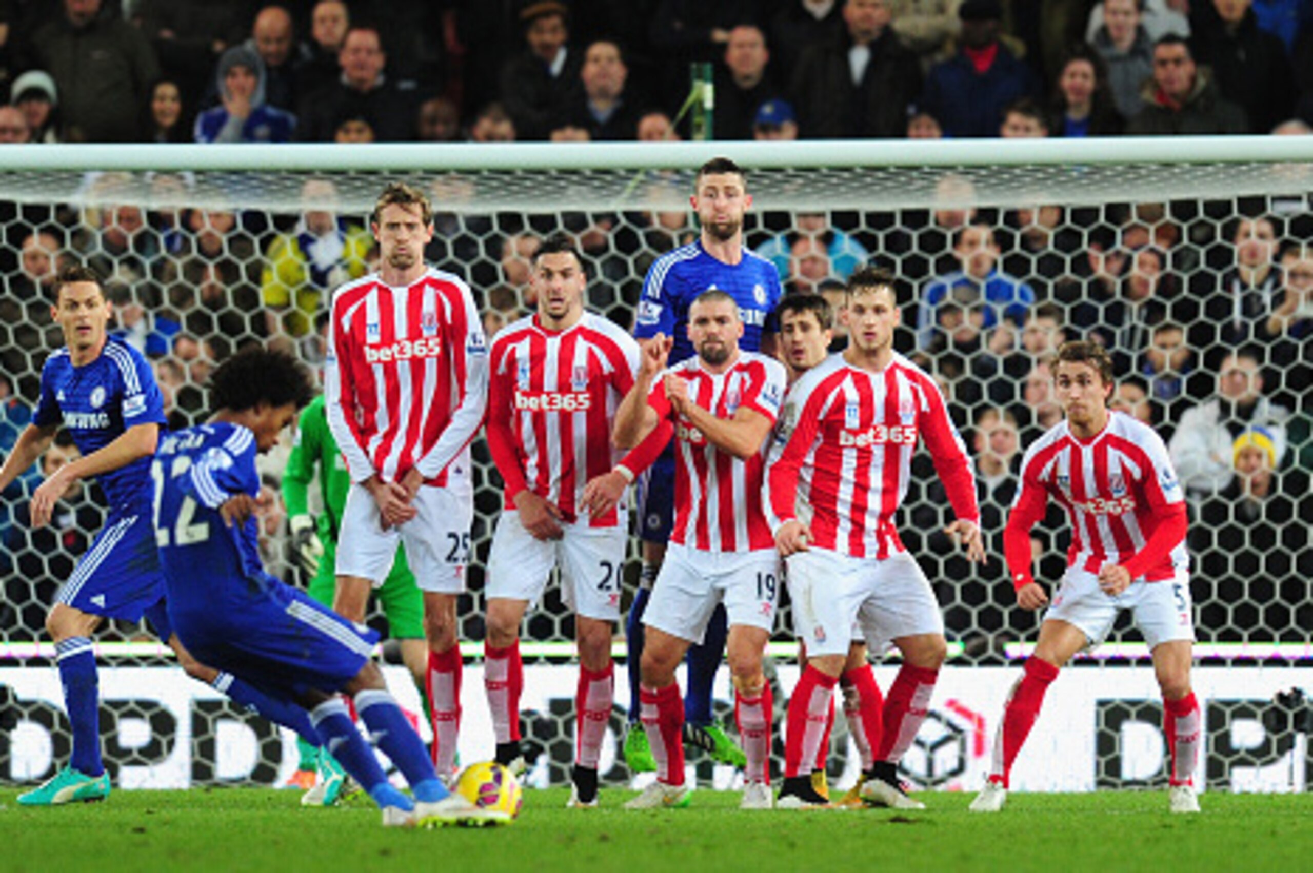 STOKE ON TRENT, ENGLAND - DECEMBER 22:  Chelsea player Gary Cahill pops up in the Stoke defensive wall as Willian prepares to take the kick during the Barclays Premier League match between Stoke City and Chelsea at Britannia Stadium on December 22, 2014 i