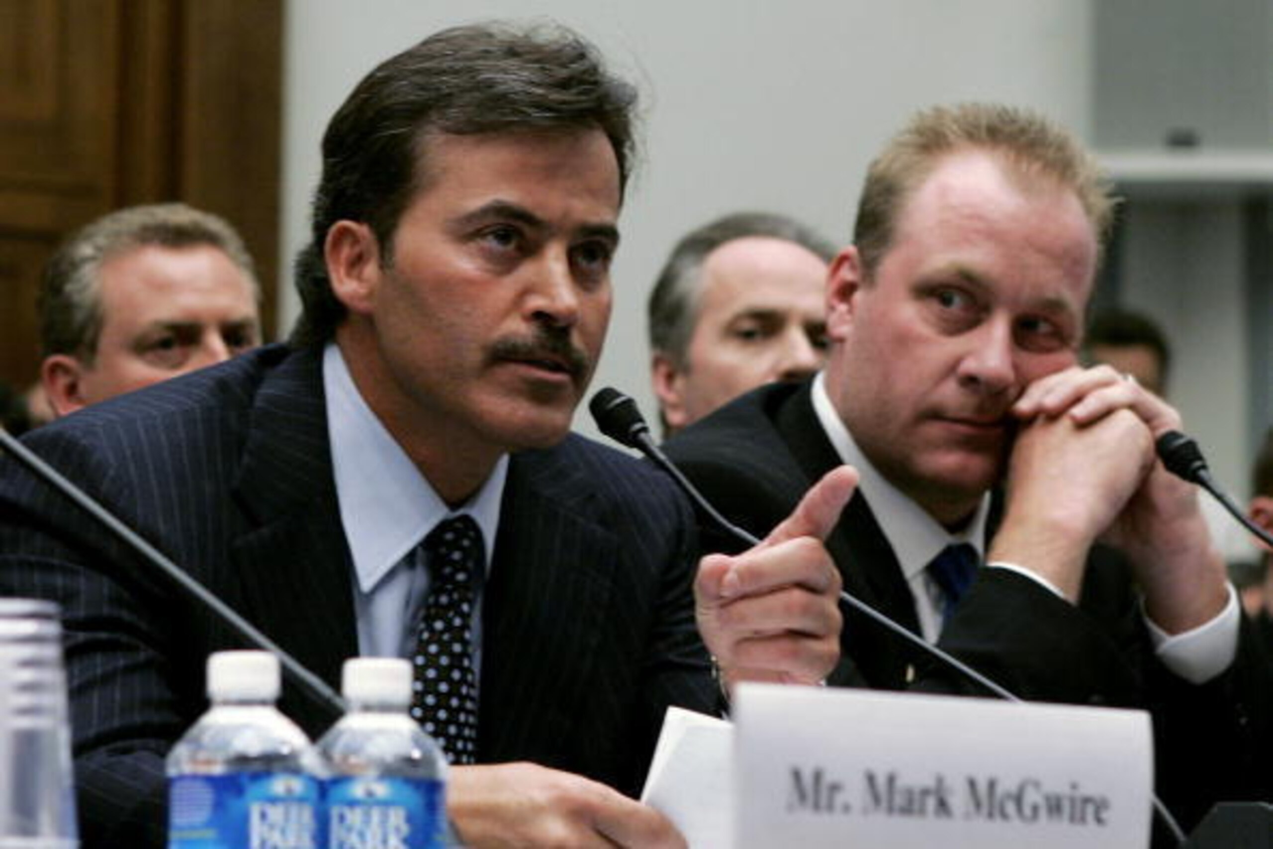 WASHINGTON - MARCH 17:  Baltimore Oriole Rafael Palmeiro testifies as Boston Red Sox pitcher Curt Schilling listens during a House Committe session investigating Major League Baseball's effort to eradicate steroid use on Capitol Hill March 17, 2005 in Was