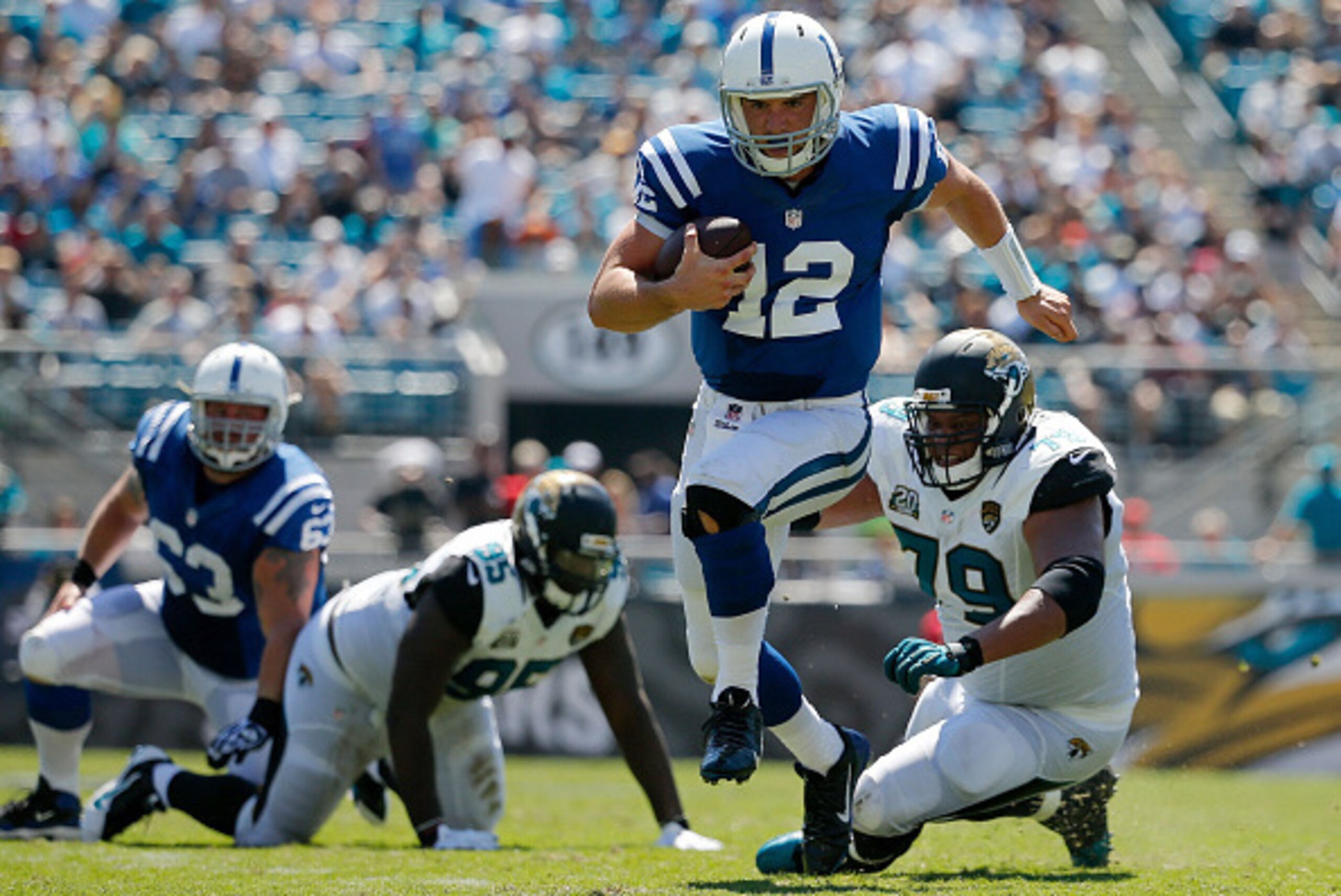JACKSONVILLE, FL - SEPTEMBER 21: Andrew Luck #12 of the Indianapolis Colts carries during the second quarter of the game at EverBank Field on September 21, 2014 in Jacksonville, Florida. (Photo by Rob Foldy/Getty Images) JACKSONVILLE, FL - SEPTEMBER 21: Andrew Luck #12 of the Indianapolis Colts carries during the second quarter of the game at EverBank Field on September 21, 2014 in Jacksonville, Florida. (Photo by Rob Foldy/Getty Images)