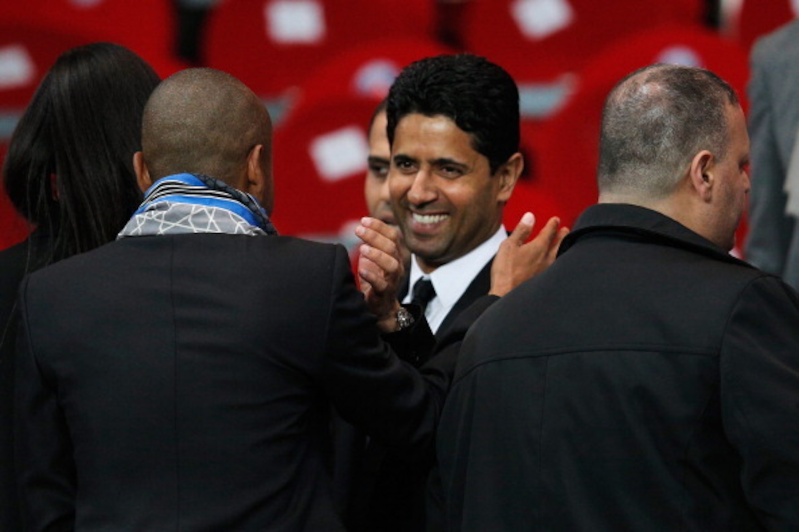 PARIS, FRANCE - MAY 07:  PSG owner Nasser Al-Khelaifi celebrates after the Ligue 1 match between Paris Saint-Germain FC and Stade Rennais FC at Parc des Princes on May 7, 2014 in Paris, France.  PSG lost the match 1-2 but still won the 2014 Ligue 1 Champi