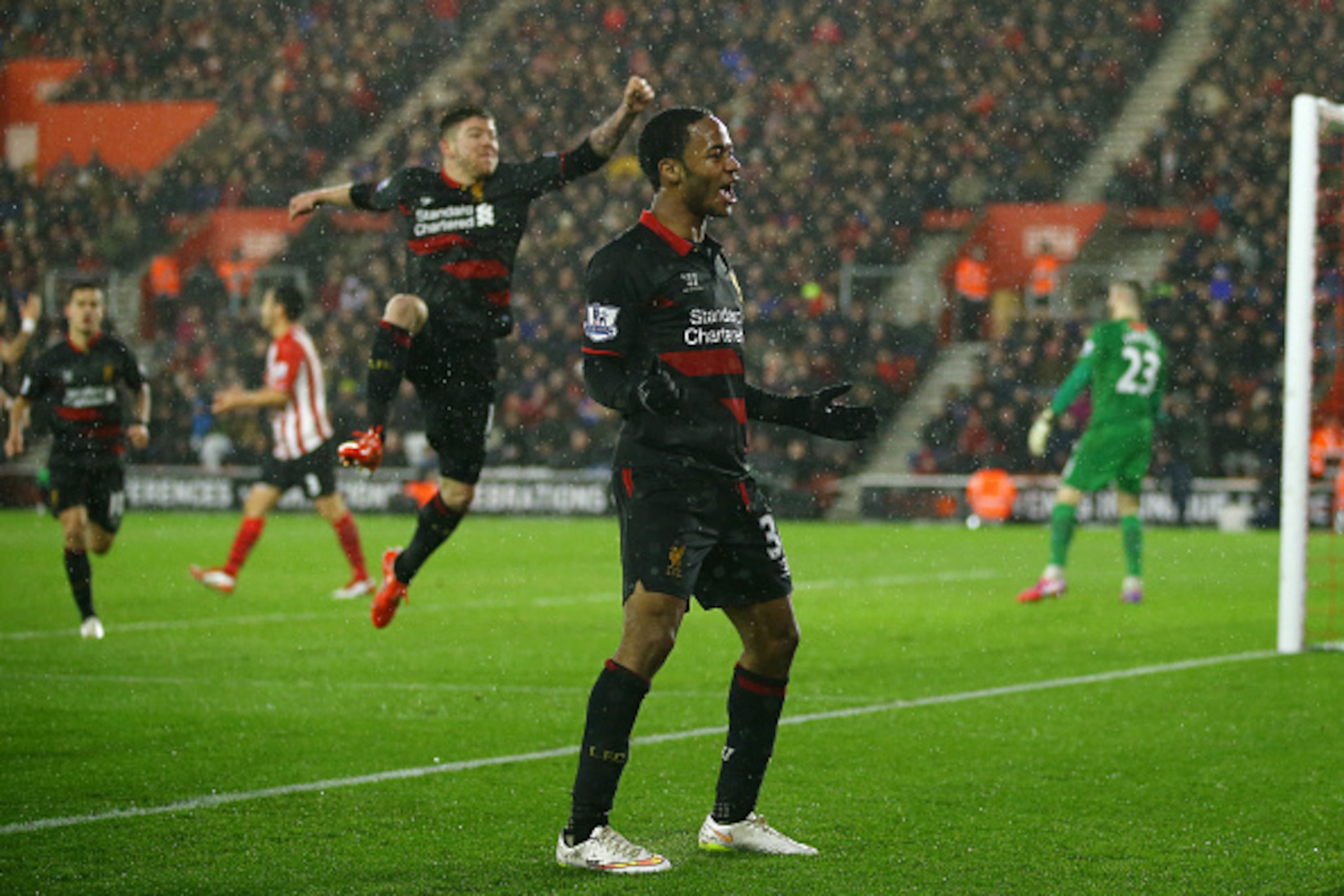 SOUTHAMPTON, ENGLAND - FEBRUARY 22:  Raheem Sterling of Liverpool celebrates after scoring his team's second goal during the Barclays Premier League match between Southampton and Liverpool at St Mary's Stadium on February 22, 2015 in Southampton, England.
