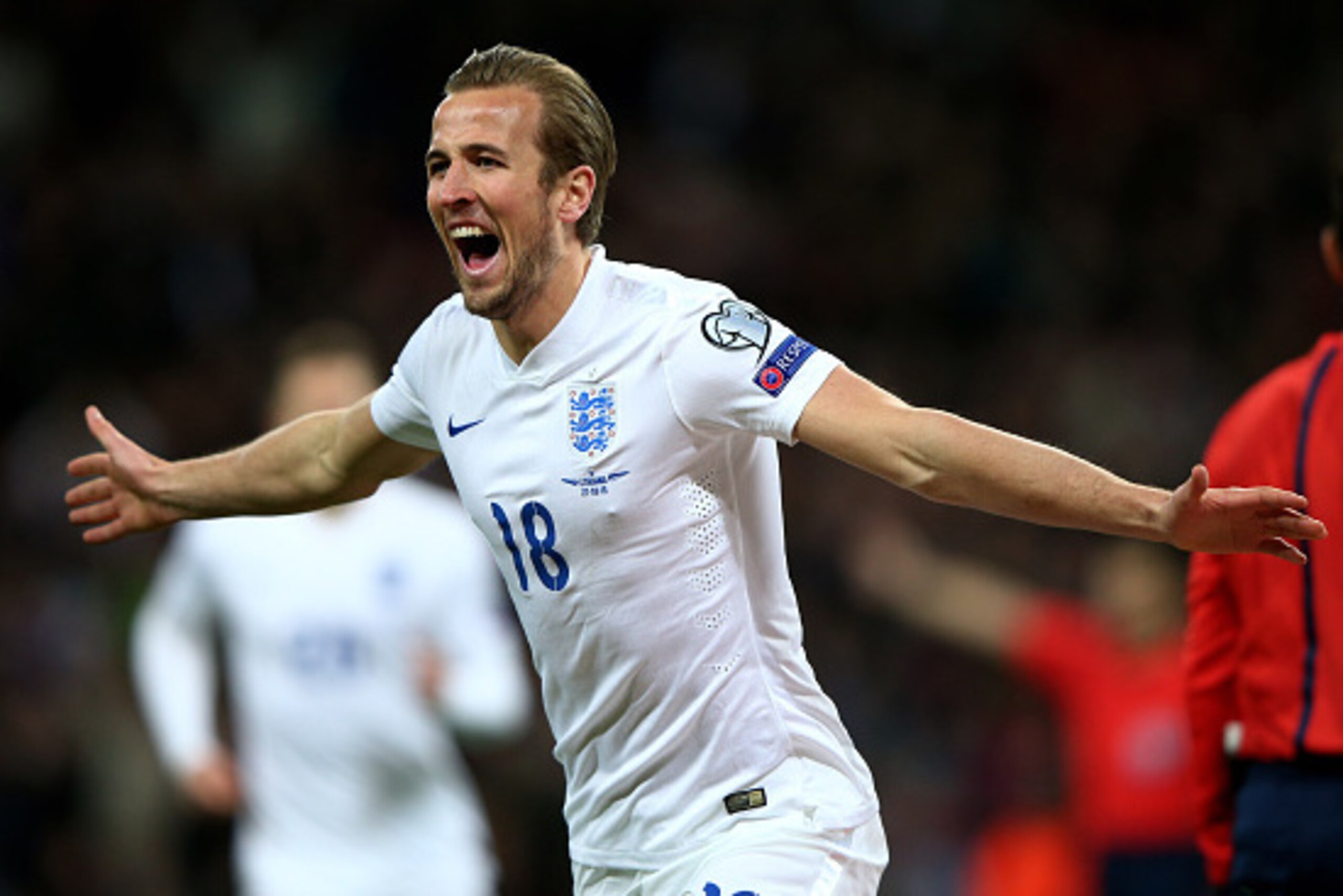 LONDON, ENGLAND - MARCH 27:  Harry Kane of England celebrates after scoring on his debut during the EURO 2016 Qualifier match between England and Lithuania at Wembley Stadium on March 27, 2015 in London, England.  (Photo by Ian Walton/Getty Images)