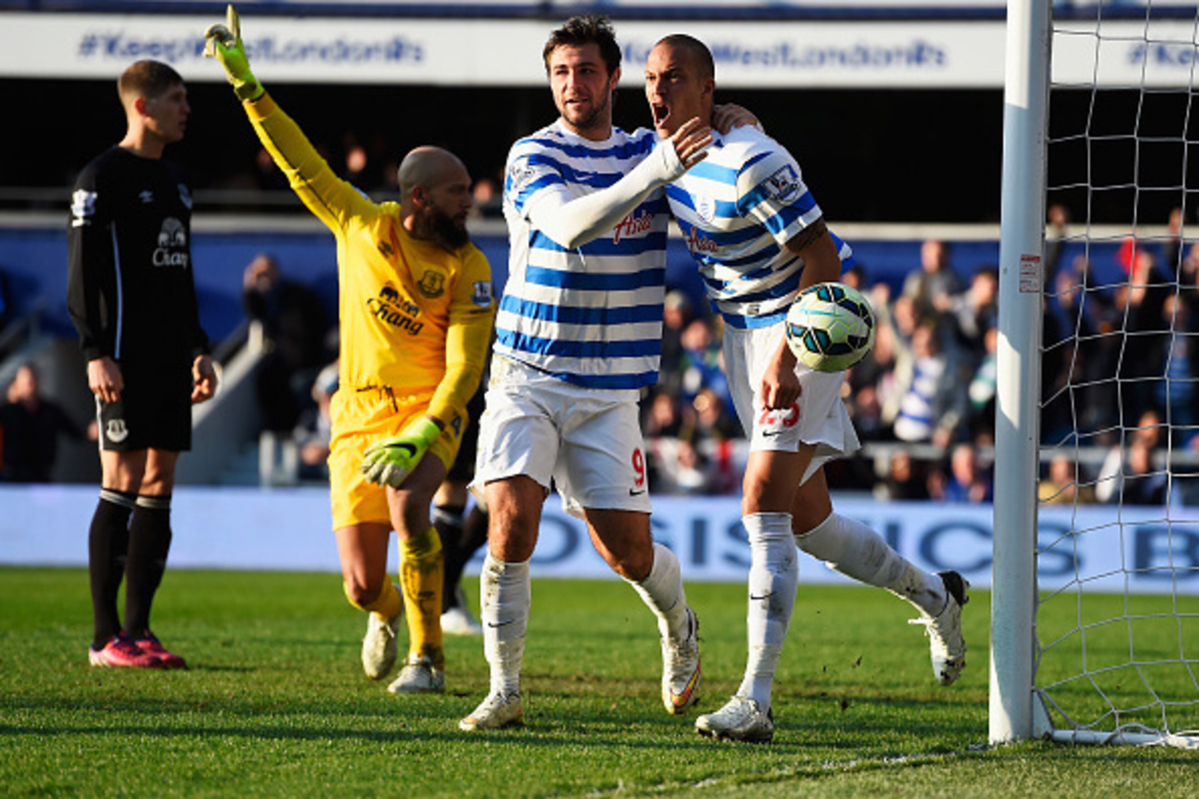 LONDON, ENGLAND - MARCH 22:  Bobby Zamora (R) of QPR reacts with Charlie Austin after seeing his goal disallowed during the Barclays Premier League match between Queens Park Rangers and Everton at Loftus Road on March 22, 2015 in London, England.  (Photo 