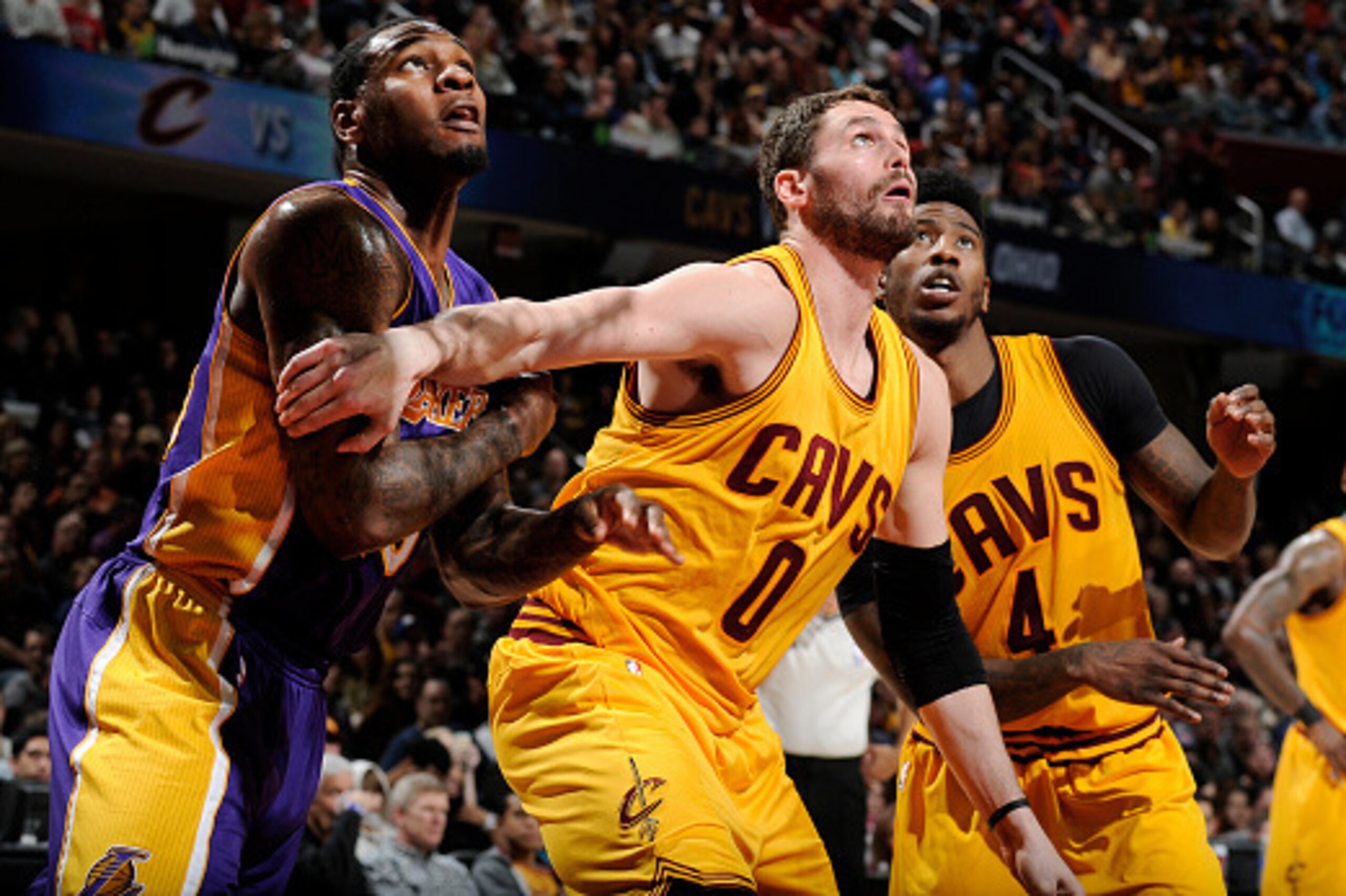 CLEVELAND, OH -  FEBRUARY 8: Kevin Love #0 of the Cleveland Cavaliers looks for the rebound against the Los Angeles Lakers during the game on February 8, 2015 at Quicken Loans Arena in Cleveland, Ohio. NOTE TO USER: User expressly acknowledges and agrees 