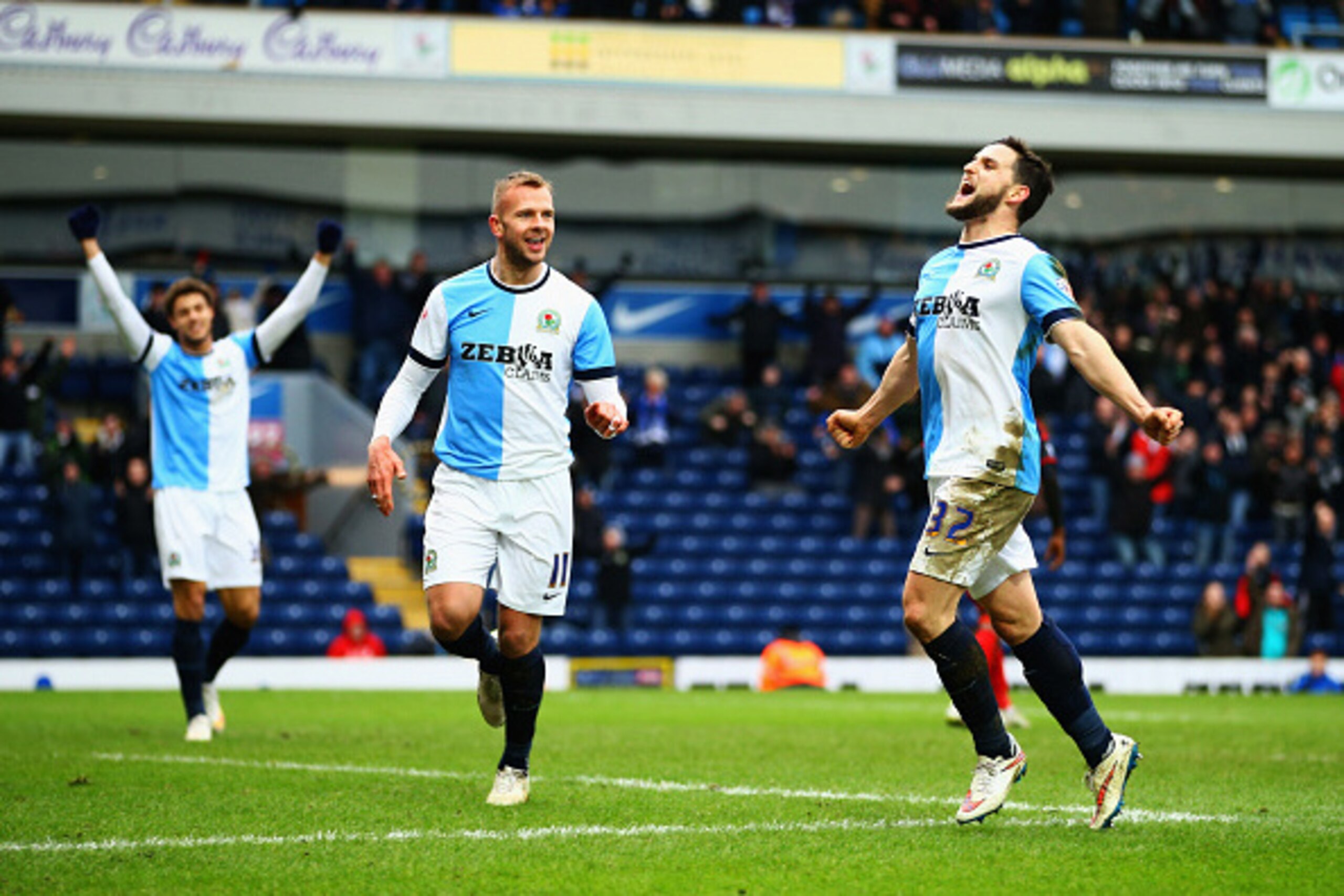 BLACKBURN, ENGLAND - JANUARY 24: Craig Conway of Blackburn Rovers (32) celebrates with Jordan Rhodes (11) as he scores their third goal during the FA Cup Fourth Round match between Blackburn Rovers and Swansea City at Ewood park on January 24, 2015 in Bl BLACKBURN, ENGLAND - JANUARY 24: Craig Conway of Blackburn Rovers (32) celebrates with Jordan Rhodes (11) as he scores their third goal during the FA Cup Fourth Round match between Blackburn Rovers and Swansea City at Ewood park on January 24, 2015 in Bl