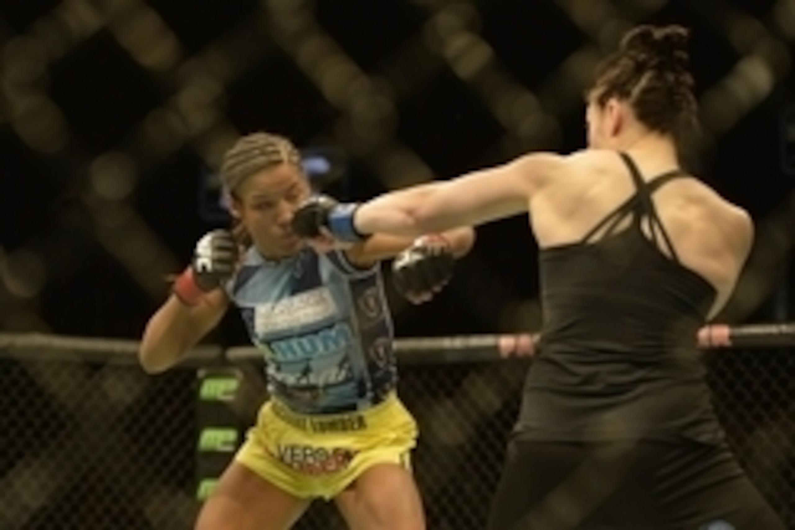 Apr 4, 2015; Fairfax, VA, USA; Julianna Pena (red gloves) fights Milana Dudieva (blue gloves) during UFC Fight Night at Patriot Center. Mandatory Credit: Tommy Gilligan-USA TODAY Sports