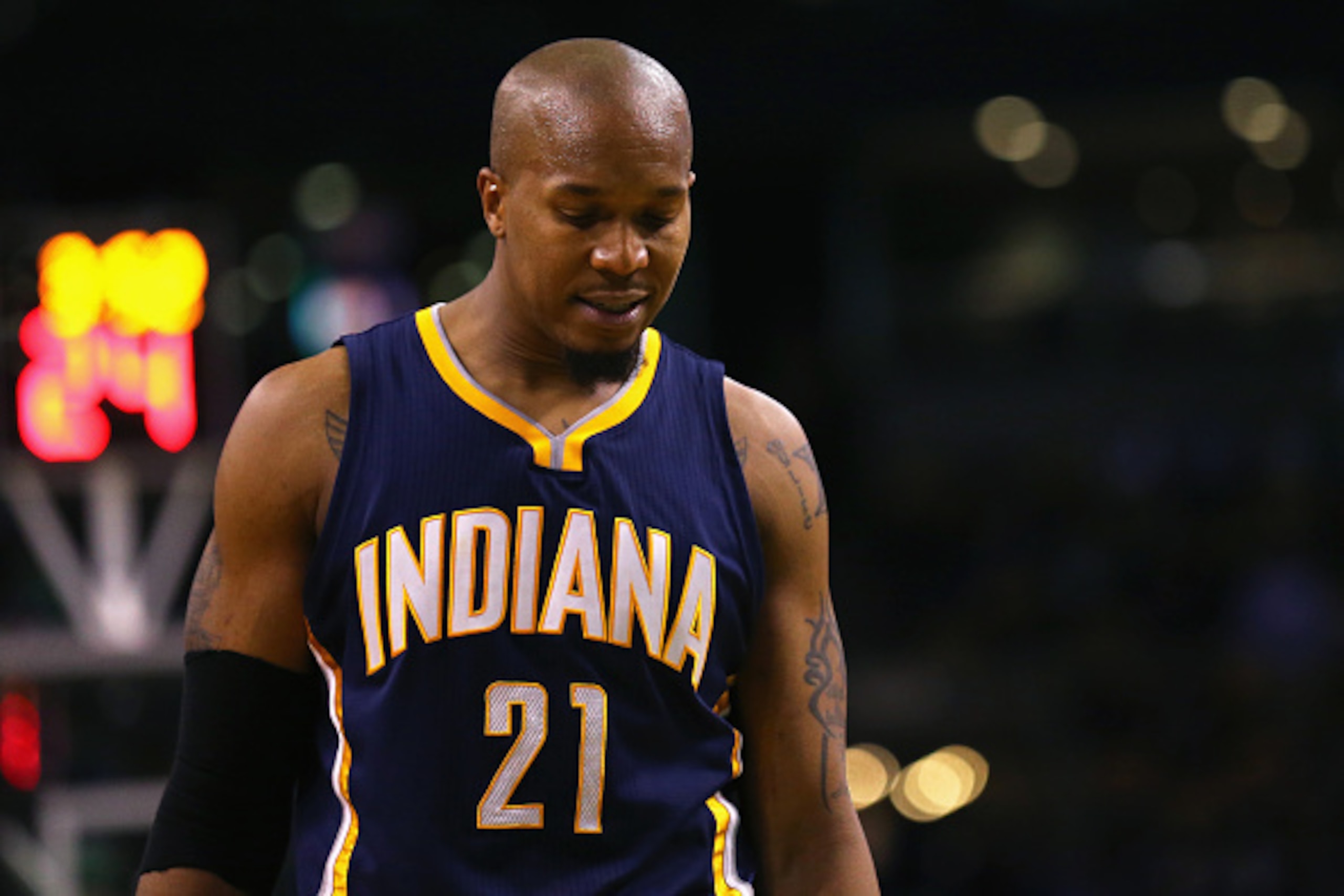 BOSTON, MA - APRIL 01:  David West #21 of the Indiana Pacers looks on during the fourth quarter at TD Garden on April 1, 2015 in Boston, Massachusetts. The Celtics defeat the Pacers 100-87. NOTE TO USER: User expressly acknowledges and agrees that, by dow