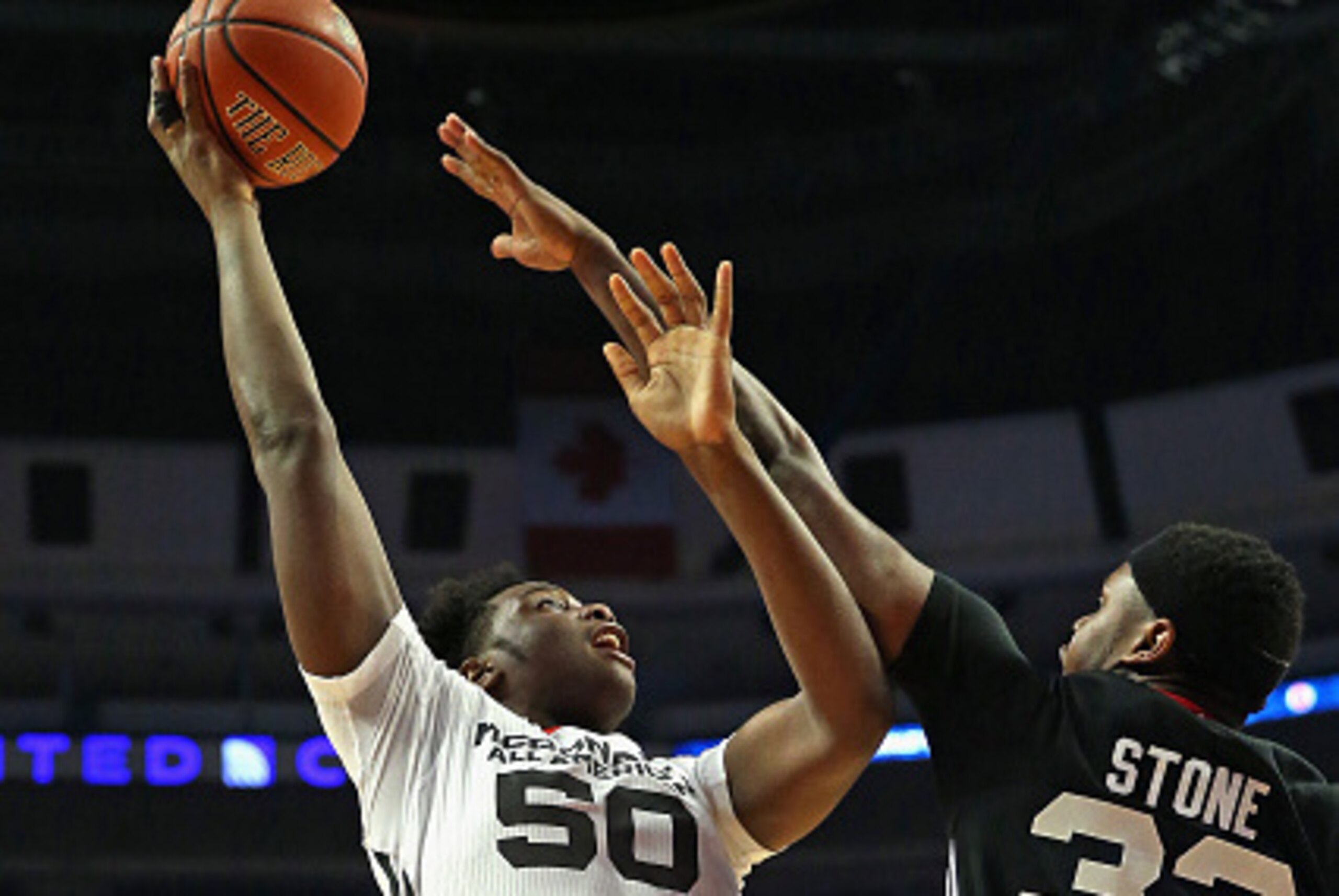 CHICAGO, IL - APRIL 01: Caleb Swanigan #50 shoots over Diamond Stone #33 of the East team during the 2015 McDonalds's All American Game at the United Center on April 1, 2015 in Chicago, Illinois. (Photo by Jonathan Daniel/Getty Images)