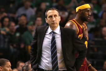 BOSTON, MA - NOVEMBER 14: Head coach David Blatt of the Cleveland Cavaliers looks on in the first half against the Boston Celtics at TD Garden on November 14, 2014 in Boston, Massachusetts. NOTE TO USER: User expressly acknowledges and agrees that, by dow