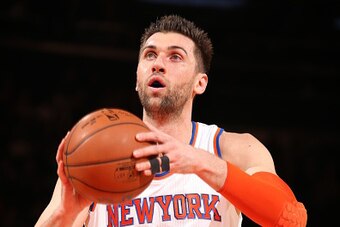 NEW YORK, NY - APRIL 1:  Andrea Bargnani #77 of the New York Knicks prepares to shoot a free throw against the Brooklyn Nets on April 1, 2015 at Madison Square Garden in New York City.  NOTE TO USER: User expressly acknowledges and agrees that, by downloa