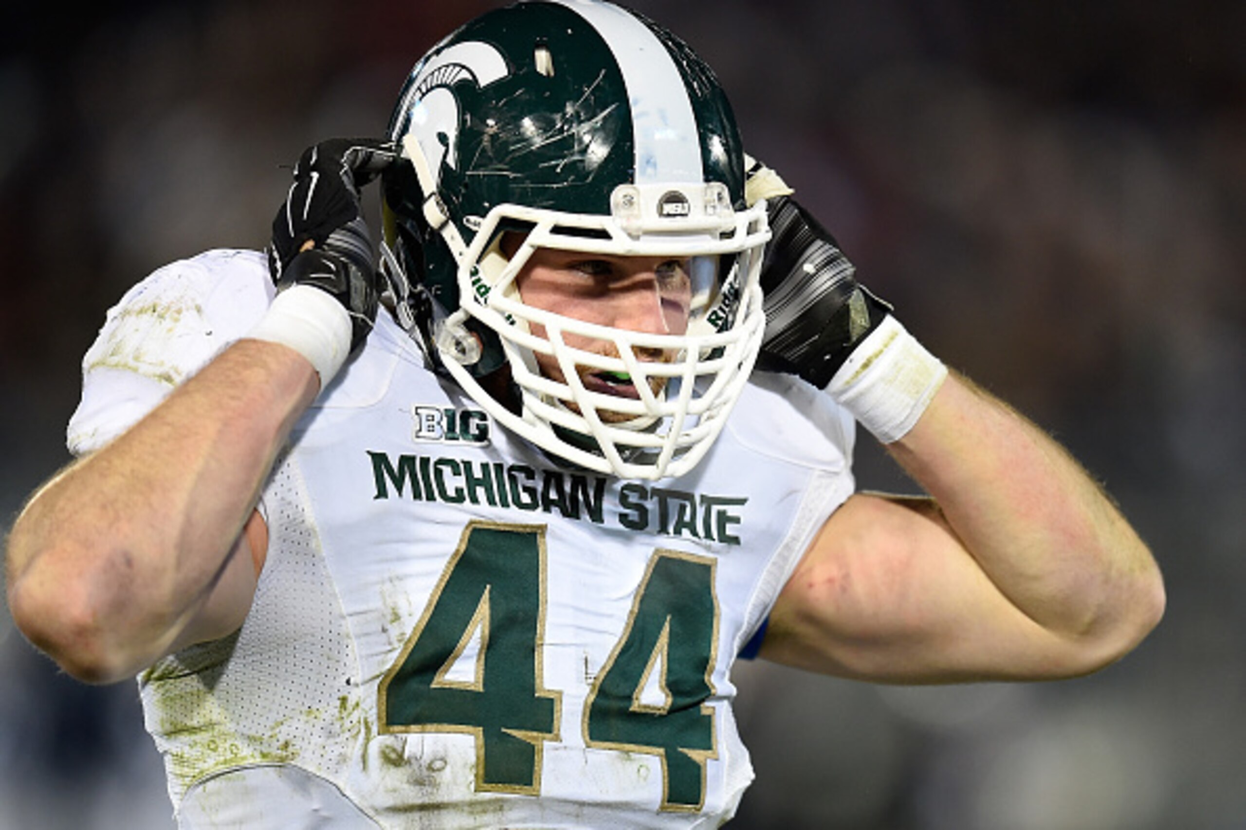 STATE COLLEGE, PA - NOVEMBER 29:  Marcus Rush #44 of the Michigan State Spartans during the game against he Penn State Nittany Lions at Beaver Stadium on November 29, 2014 in State College, Pennsylvania.  (Photo by Joe Sargent/Getty Images)