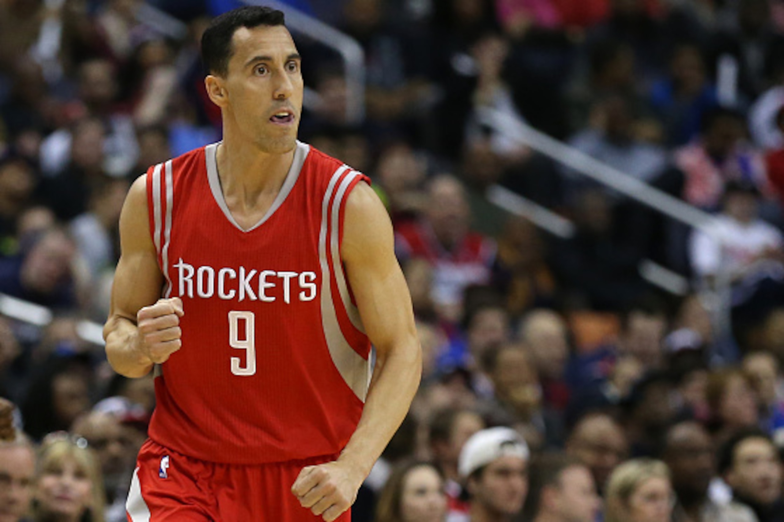 WASHINGTON, DC - MARCH 29: Pablo Prigioni #9 of the Houston Rockets celebrates a three-point shot in the second half against the Washington Wizards at Verizon Center on March 29, 2015 in Washington, DC. NOTE TO USER: User expressly acknowledges and agrees