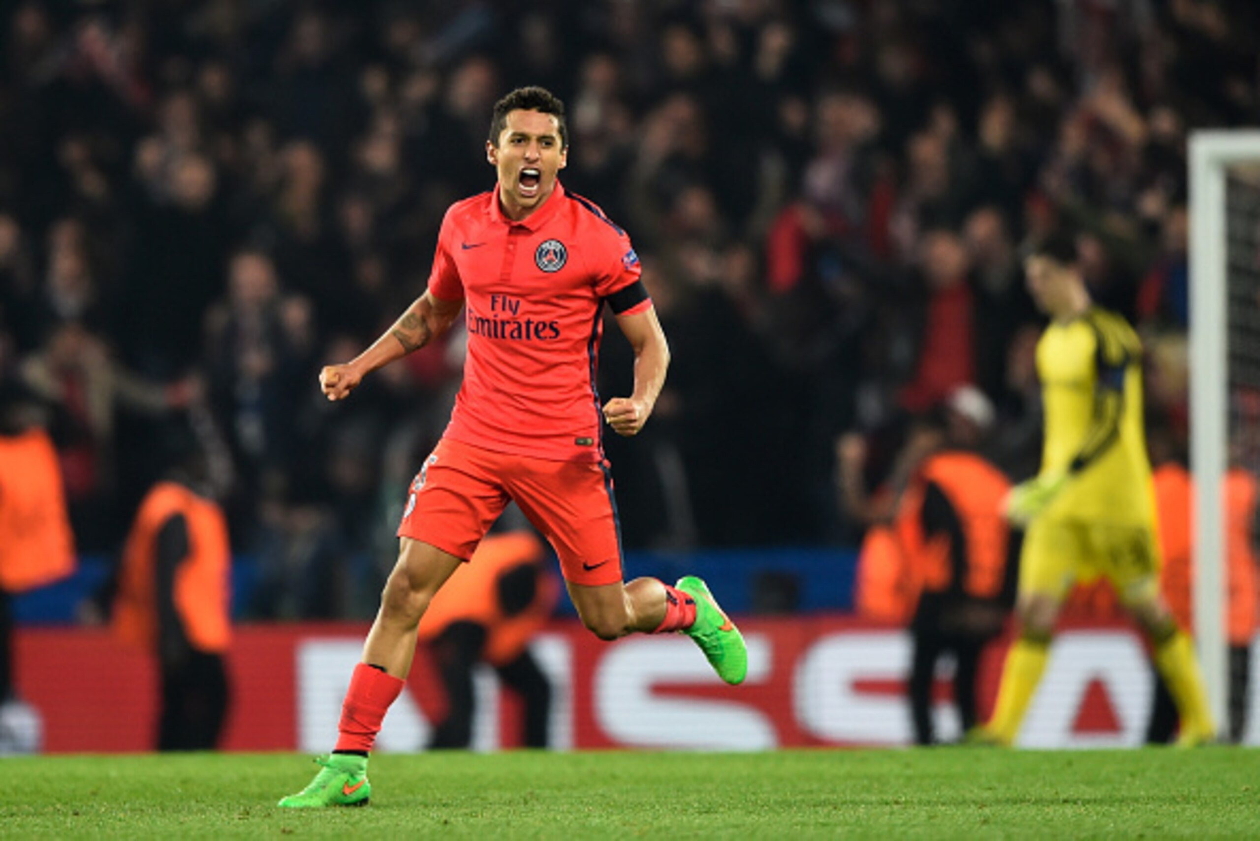 LONDON, ENGLAND - MARCH 11:  Marquinhos of PSG celebrates following his team's victory during the UEFA Champions League Round of 16, second leg match between Chelsea and Paris Saint-Germain at Stamford Bridge on March 11, 2015 in London, England.  (Photo 