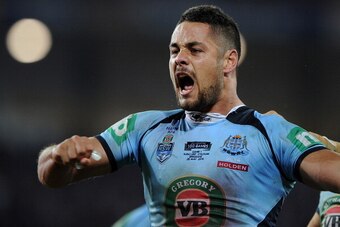 BRISBANE, AUSTRALIA - MAY 28: Jarryd Hayne of the Blues celebrates victory during game one of the State of Origin series between the Queensland Maroons and the New South Wales Blues at Suncorp Stadium on May 28, 2014 in Brisbane, Australia. (Photo by Ma BRISBANE, AUSTRALIA - MAY 28: Jarryd Hayne of the Blues celebrates victory during game one of the State of Origin series between the Queensland Maroons and the New South Wales Blues at Suncorp Stadium on May 28, 2014 in Brisbane, Australia. (Photo by Ma