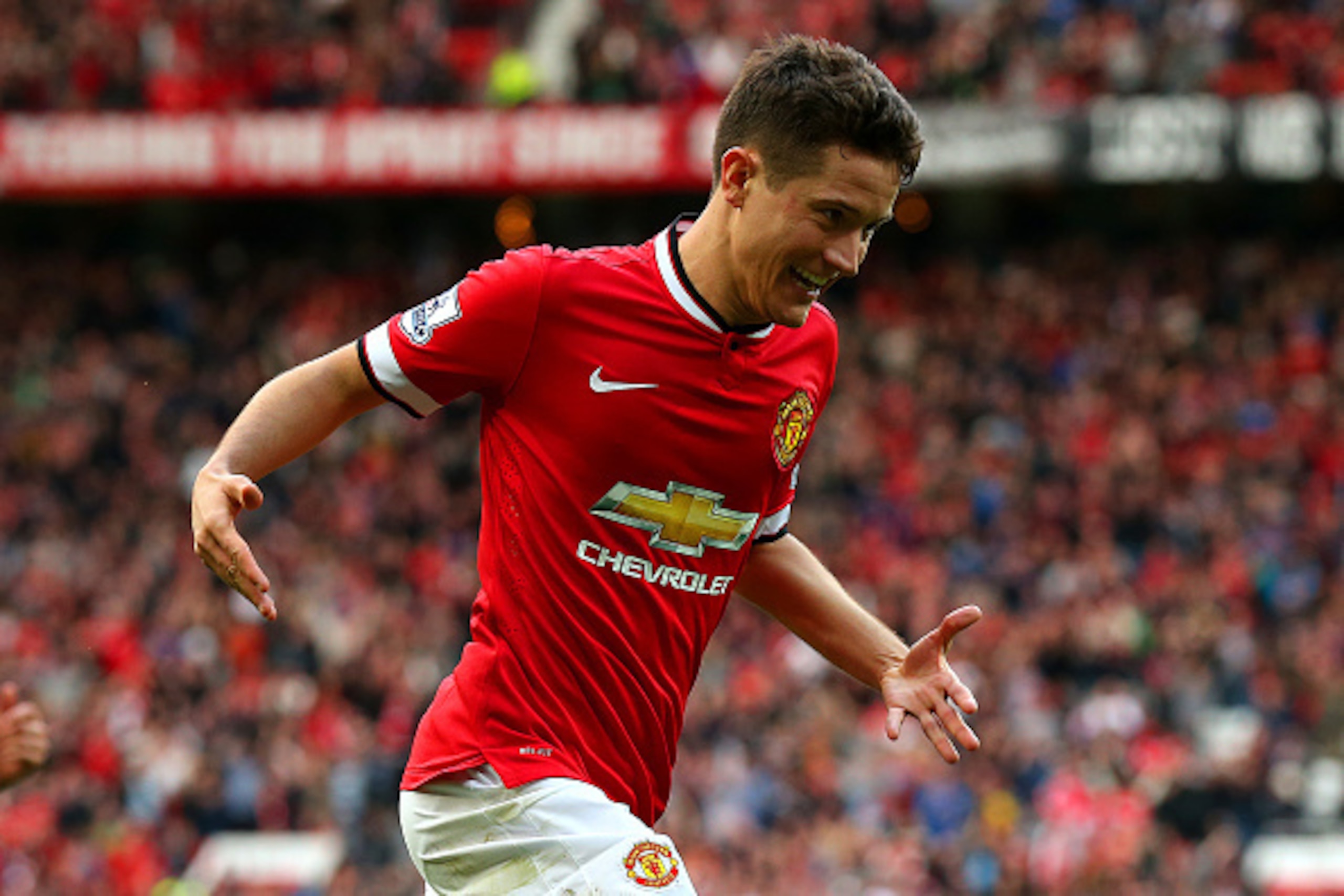 MANCHESTER, ENGLAND - APRIL 04:  Ander Herrera of Manchester United celebrates after scoring his team's third goal during the Barclays Premier League match between Manchester United and Aston Villa at Old Trafford on April 4, 2015 in Manchester, England. 