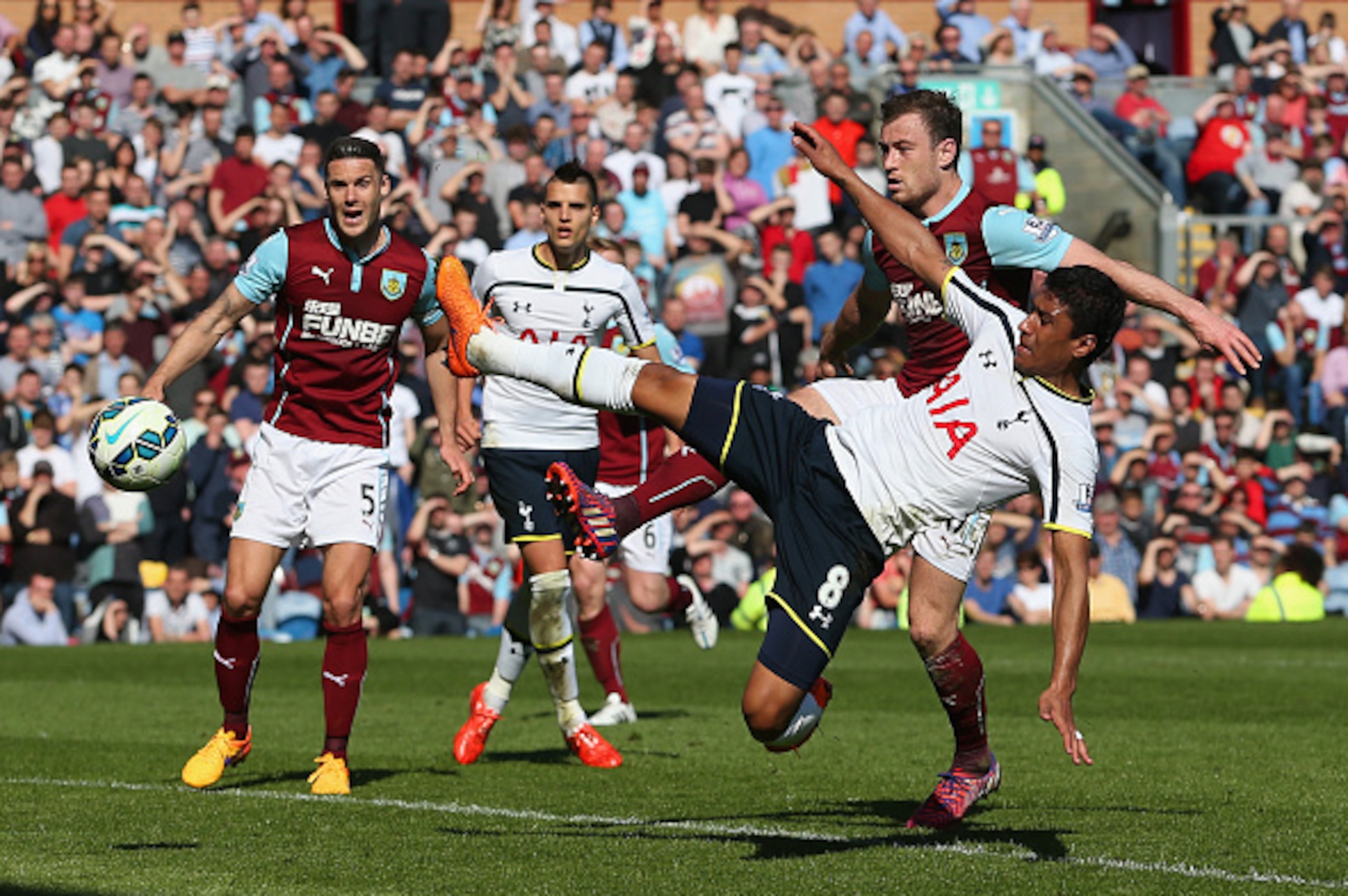 BURNLEY, ENGLAND - APRIL 05:  Paulinho of Spurs shoots during the Barclays Premier League match between Burnley and Tottenham Hotspur at Turf Moor on April 5, 2015 in Burnley, England.  (Photo by Jan Kruger/Getty Images)