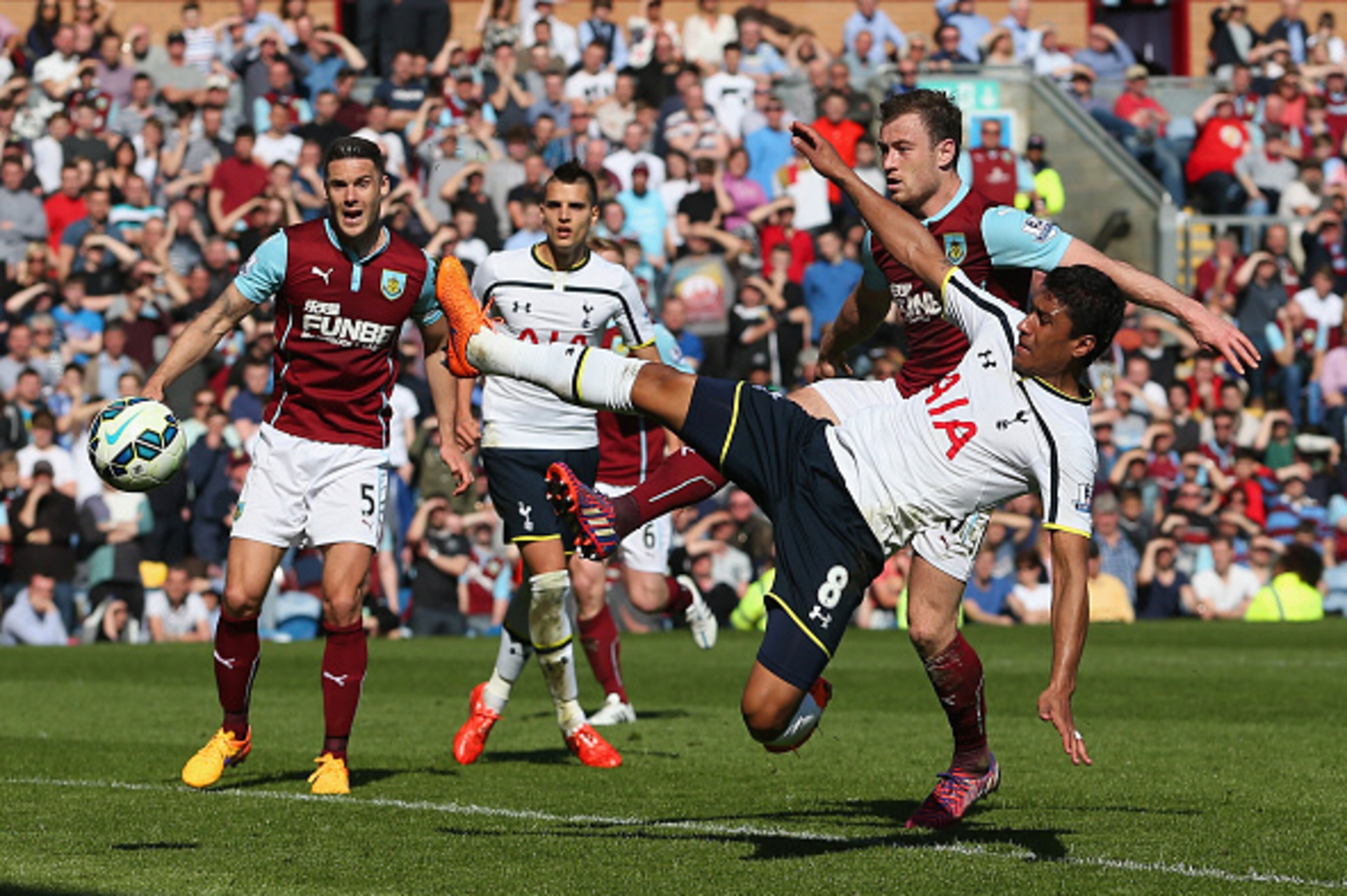 BURNLEY, ENGLAND - APRIL 05:  Paulinho of Spurs shoots during the Barclays Premier League match between Burnley and Tottenham Hotspur at Turf Moor on April 5, 2015 in Burnley, England.  (Photo by Jan Kruger/Getty Images)