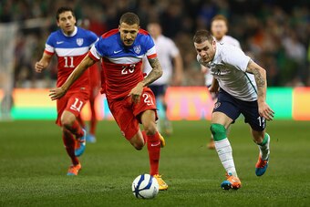 DUBLIN, IRELAND - NOVEMBER 18:  Anthony Stokes (R) of Ireland takes on Fabian Johnson (L) of USA during the International Friendly match between the Republic of Ireland and USA at the Aviva Stadium on November 18, 2014 in Dublin, Ireland.  (Photo by Micha