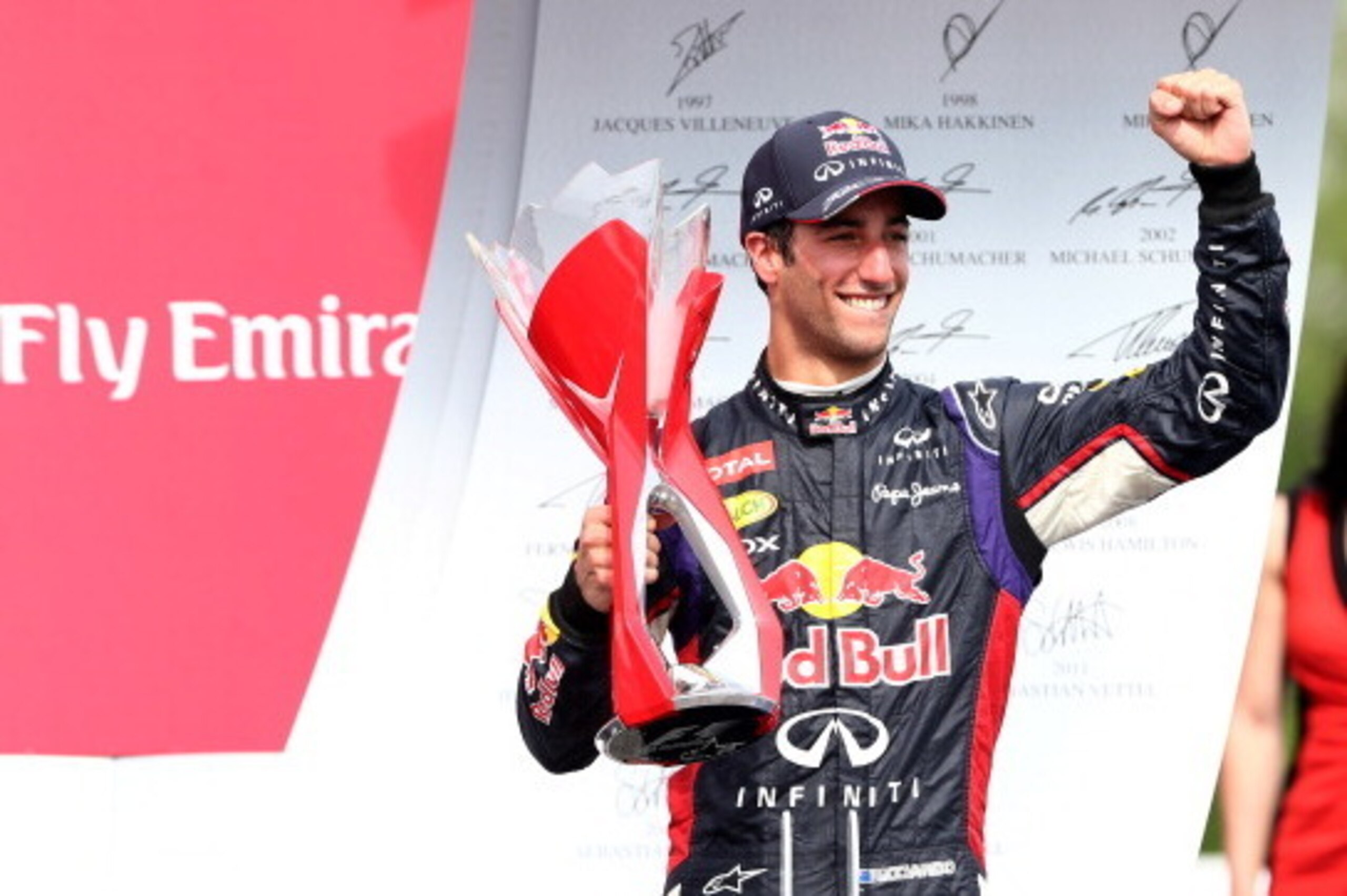 MONTREAL, QC - JUNE 08: Racewinner Daniel Ricciardo of Australia and Infiniti Red Bull Racing celebrates following his victory during the Canadian Formula One Grand Prix at Circuit Gilles Villeneuve on June 8, 2014 in Montreal, Canada. (Photo by Mark Th MONTREAL, QC - JUNE 08: Racewinner Daniel Ricciardo of Australia and Infiniti Red Bull Racing celebrates following his victory during the Canadian Formula One Grand Prix at Circuit Gilles Villeneuve on June 8, 2014 in Montreal, Canada. (Photo by Mark Th