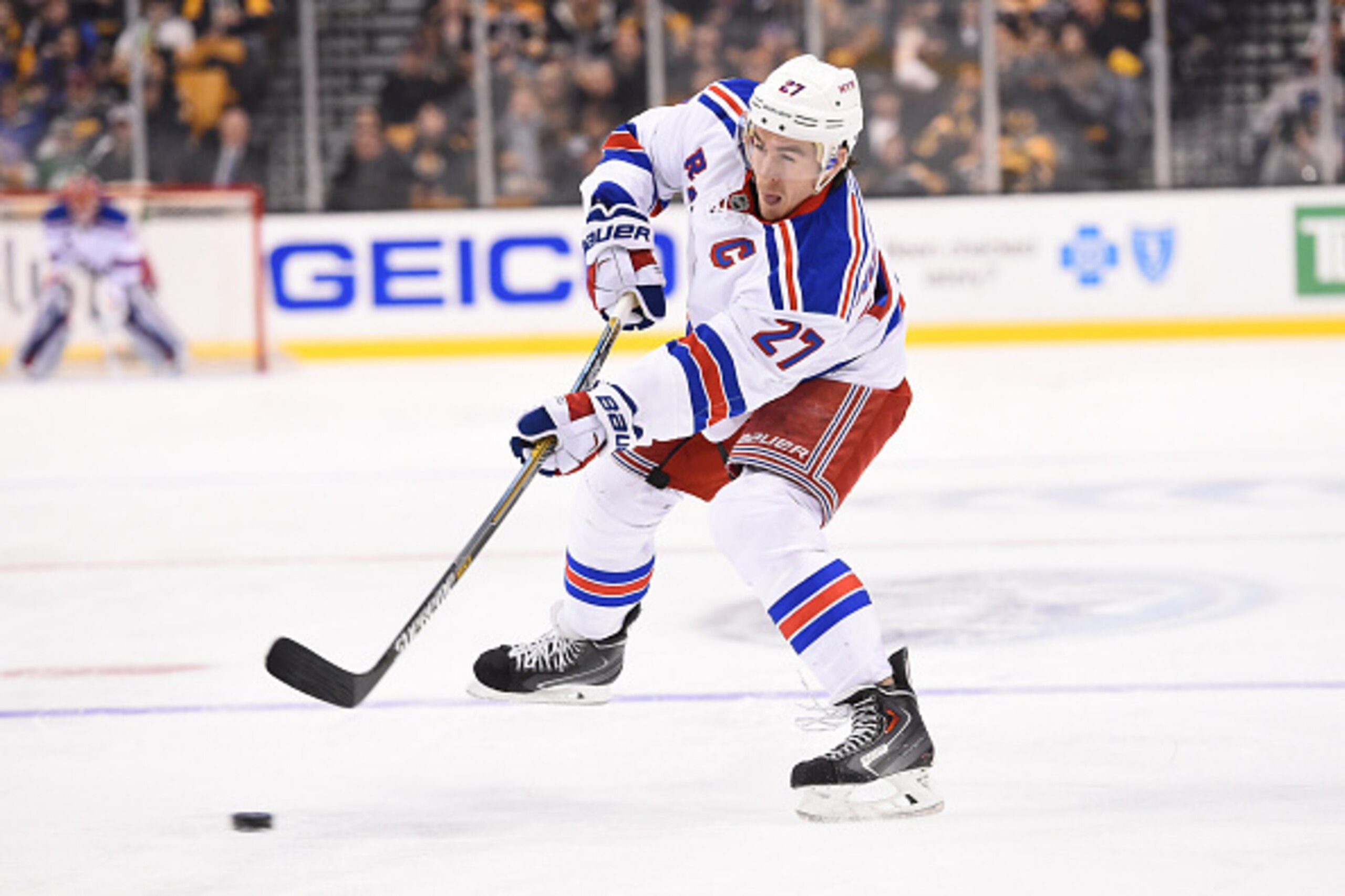 BOSTON, MA - MARCH 28: Ryan McDonagh #27 of the New York Rangers shoots the puck against the Boston Bruins at the TD Garden on March 28, 2015 in Boston, Massachusetts.  (Photo by Brian Babineau/NHLI via Getty Images)